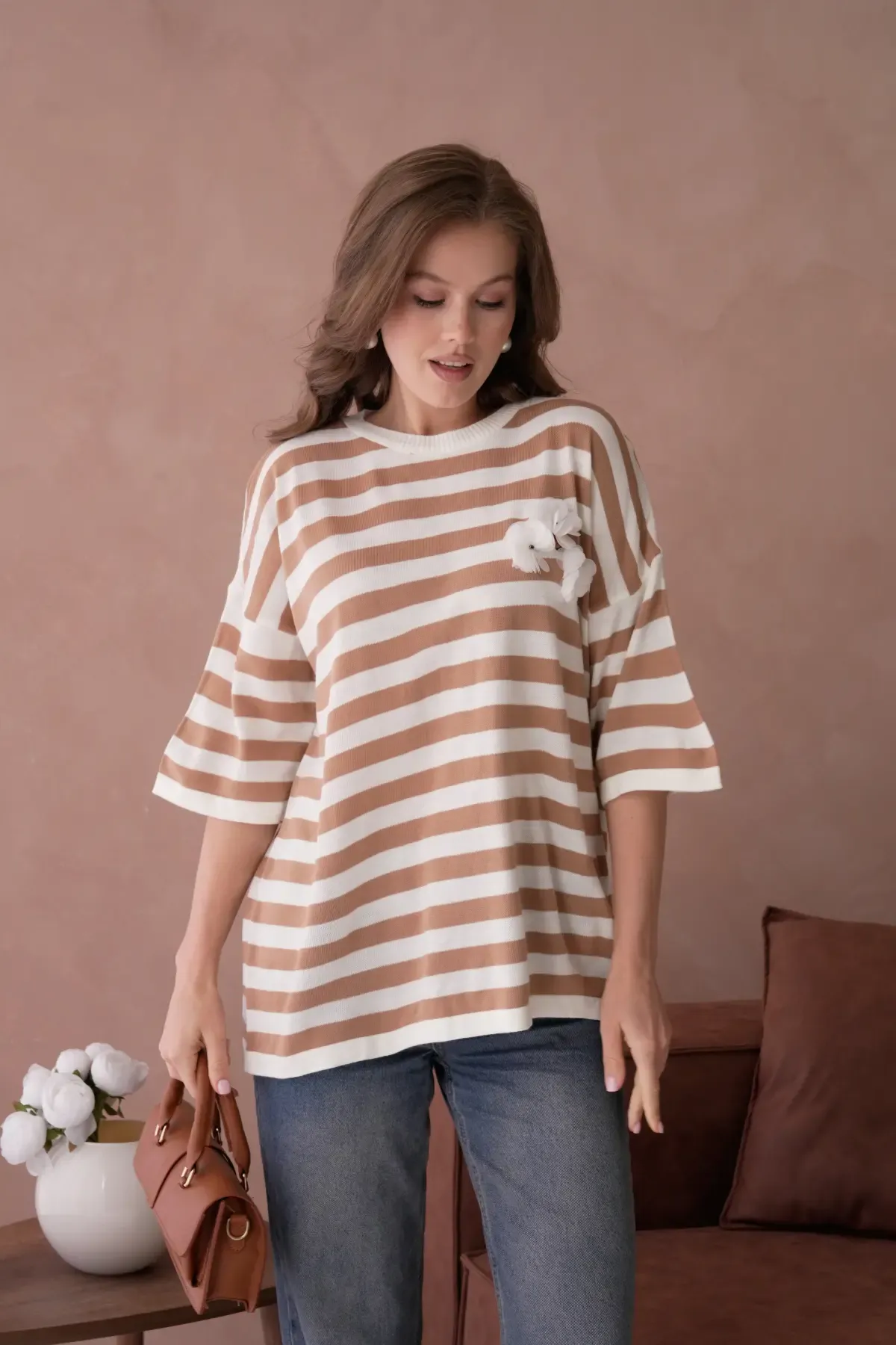 Kadın Bisiklet Yaka Çizgili Oversize Uzun Triko Kazak 10075