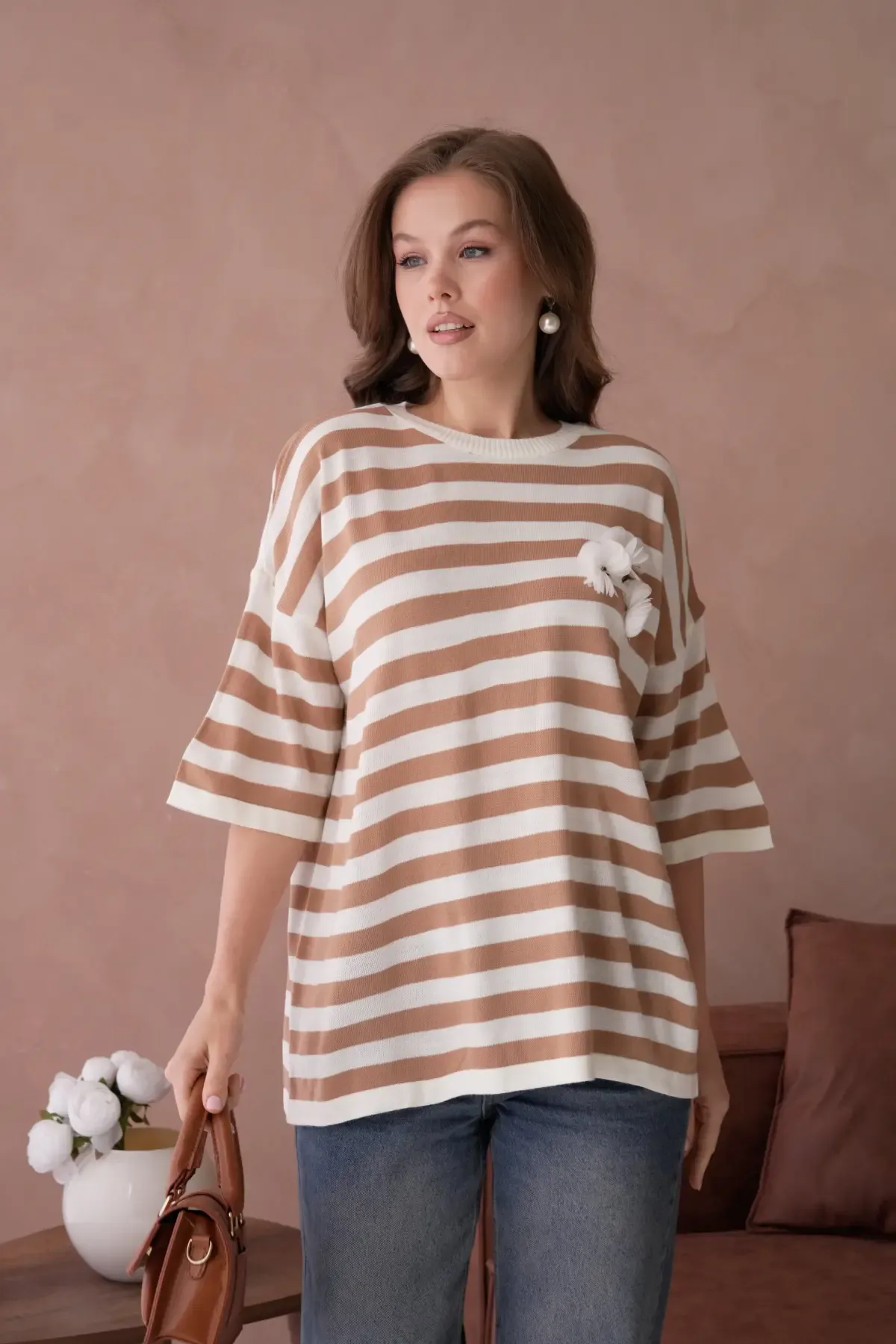 Kadın Bisiklet Yaka Çizgili Oversize Uzun Triko Kazak 10075