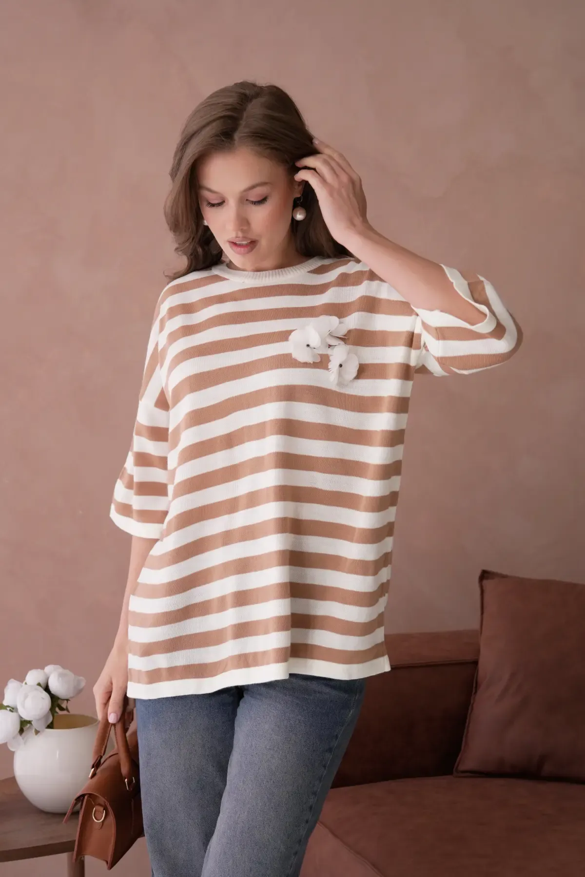 Kadın Bisiklet Yaka Çizgili Oversize Uzun Triko Kazak 10075