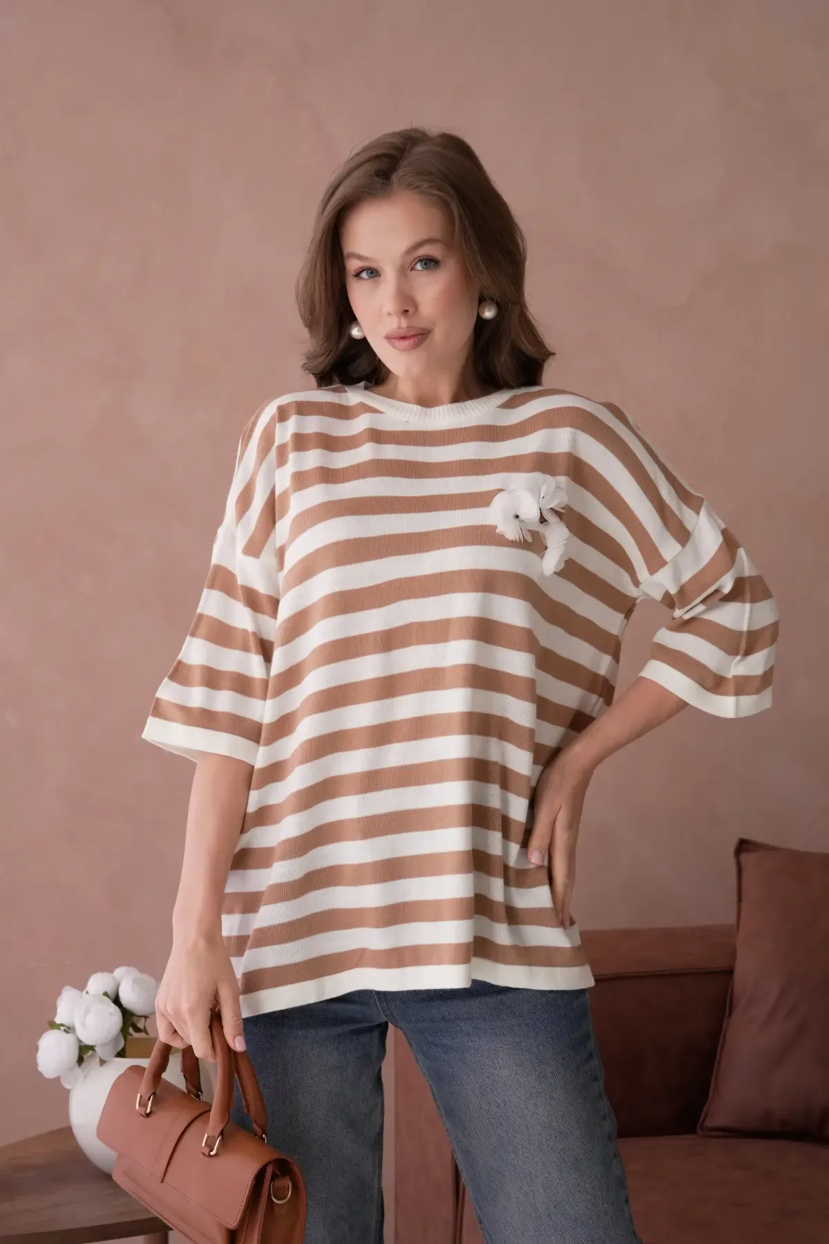 Kadın Bisiklet Yaka Çizgili Oversize Uzun Triko Kazak 10075