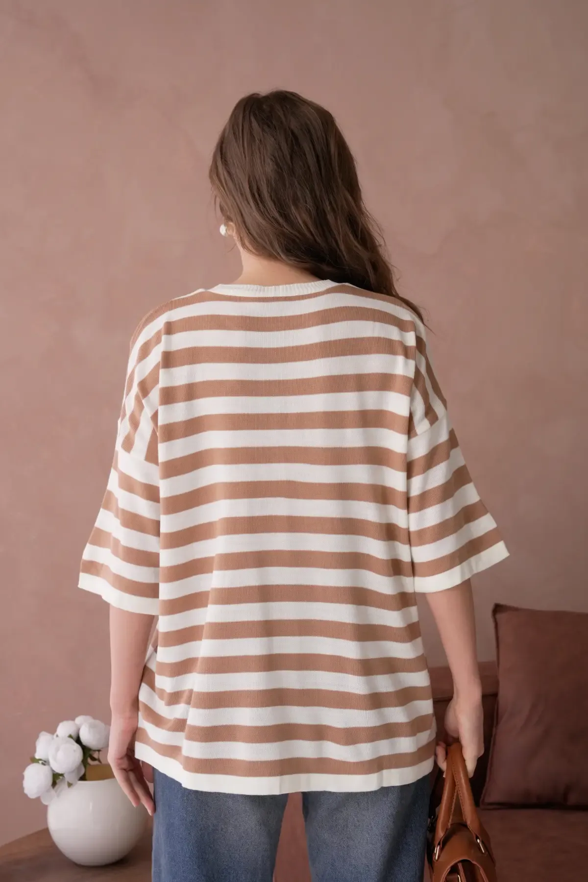 Kadın Bisiklet Yaka Çizgili Oversize Uzun Triko Kazak 10075