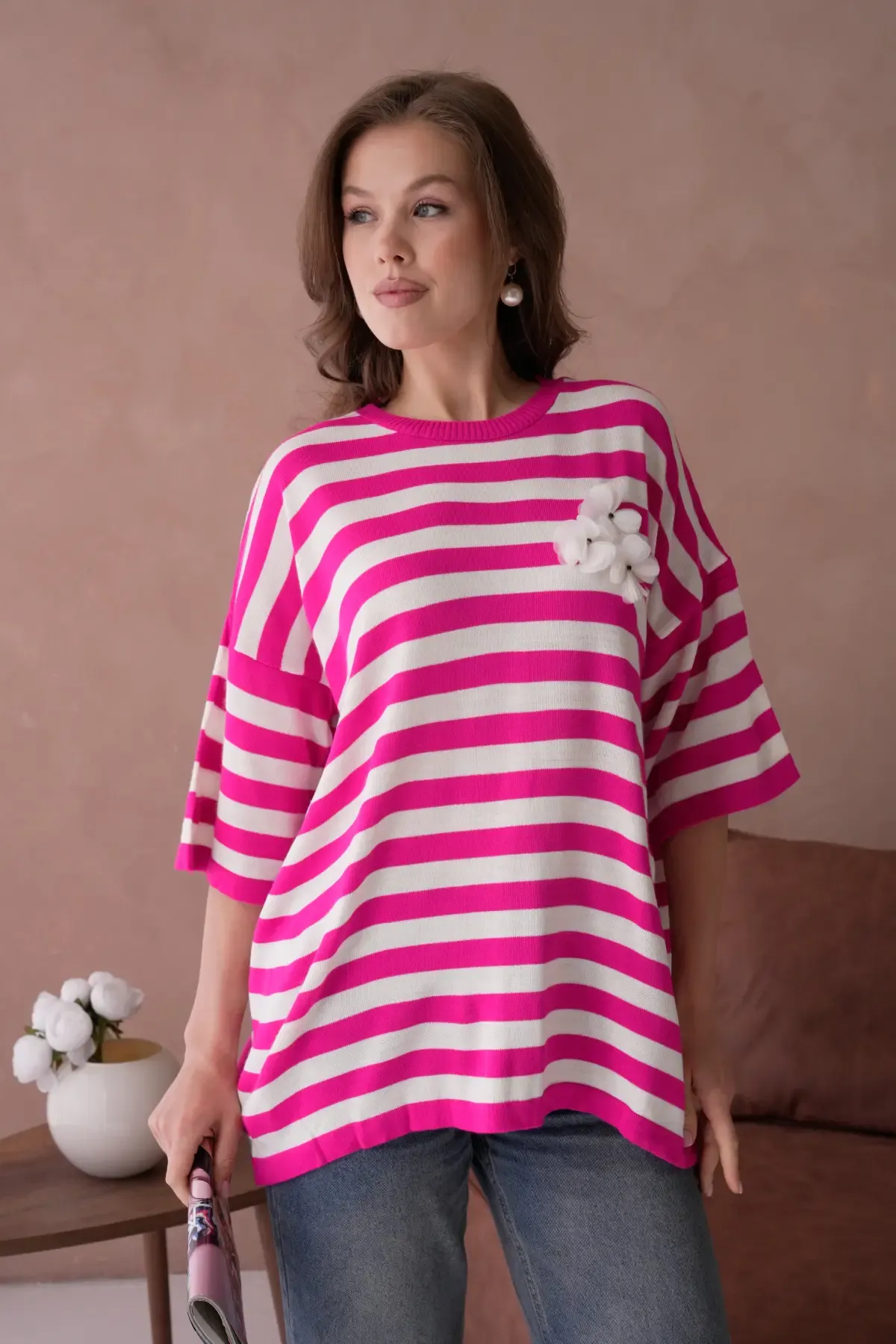 Kadın Bisiklet Yaka Çizgili Oversize Uzun Triko Kazak 10075