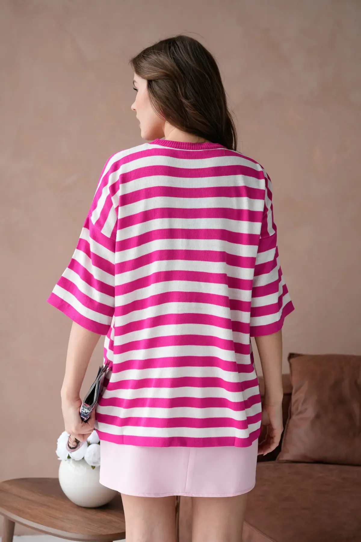 Kadın Bisiklet Yaka Çizgili Oversize Uzun Triko Kazak 10075