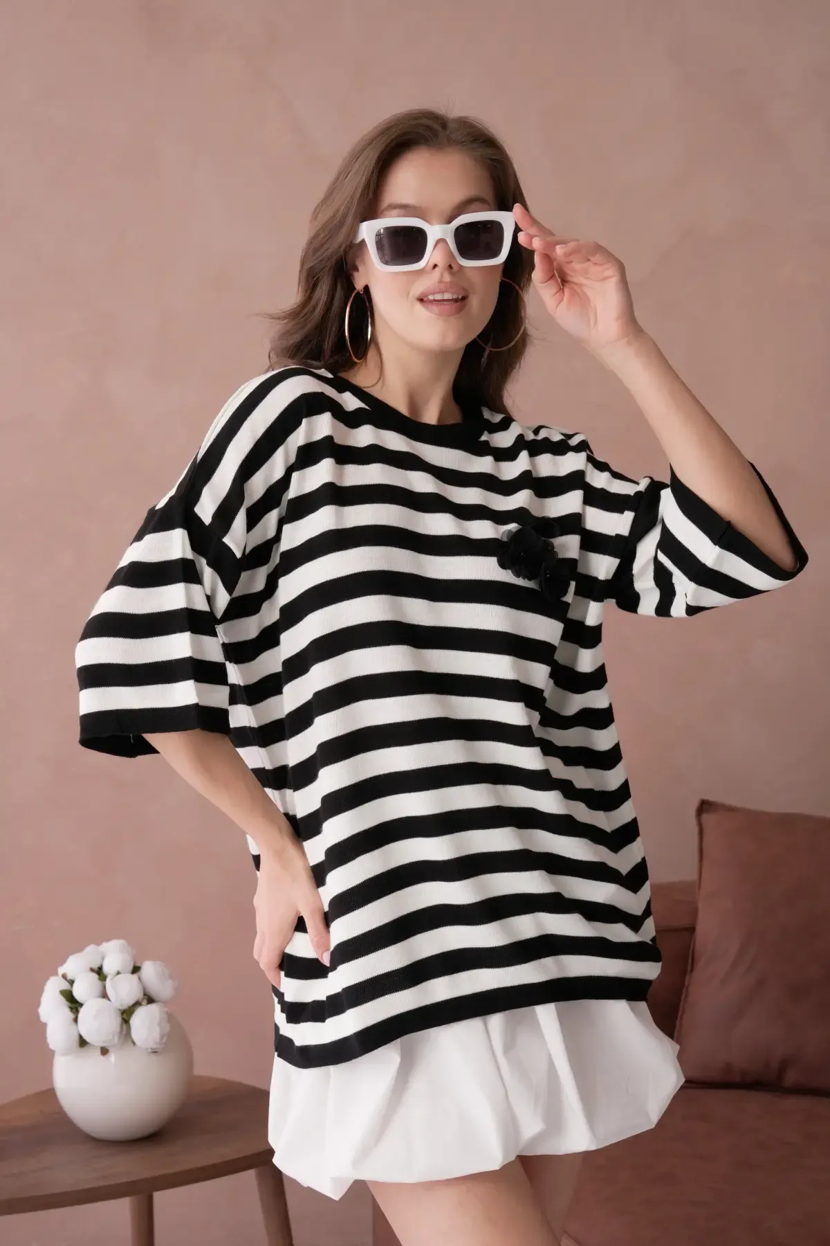 Kadın Bisiklet Yaka Çizgili Oversize Uzun Triko Kazak 10075