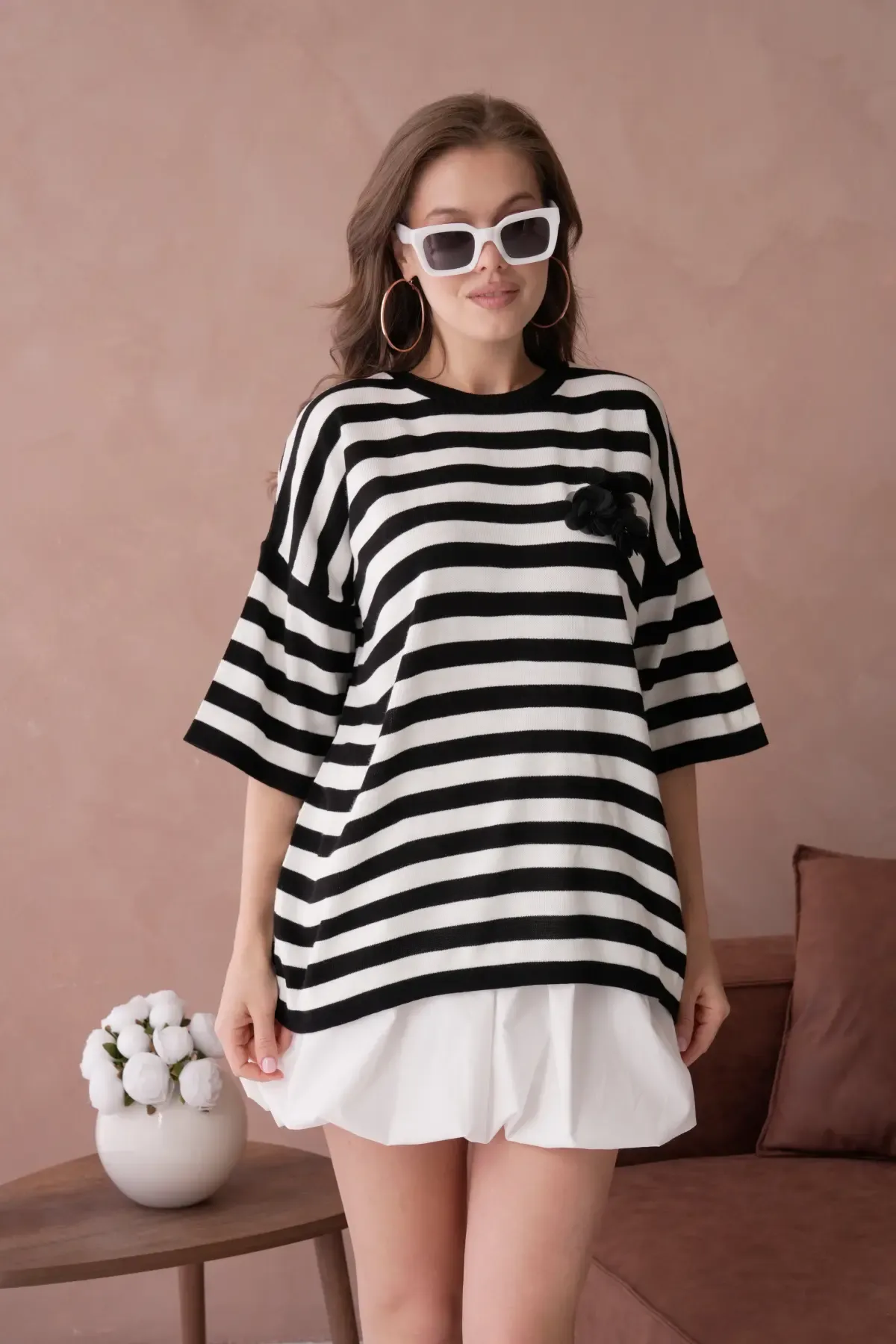 Kadın Bisiklet Yaka Çizgili Oversize Uzun Triko Kazak 10075