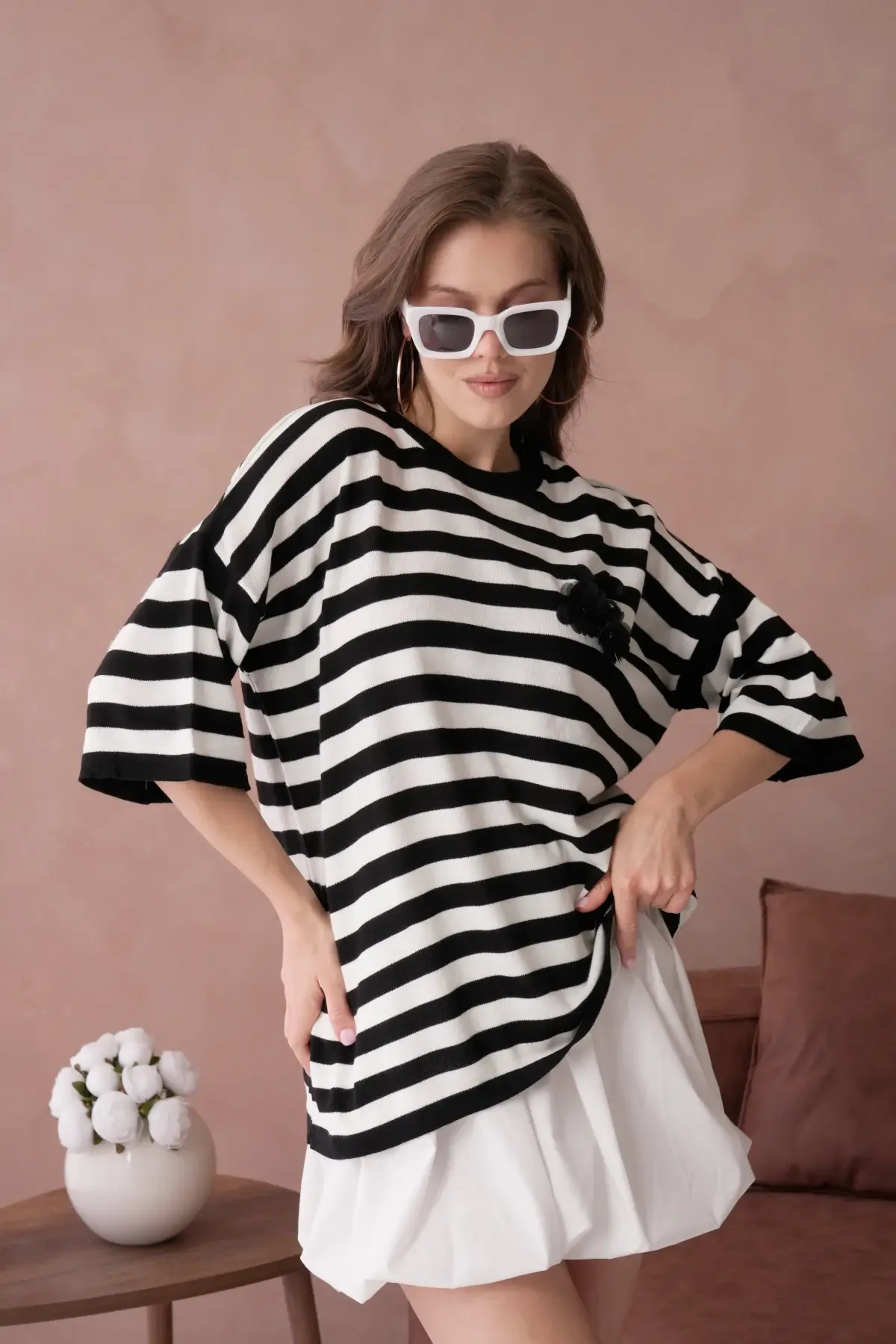 Kadın Bisiklet Yaka Çizgili Oversize Uzun Triko Kazak 10075