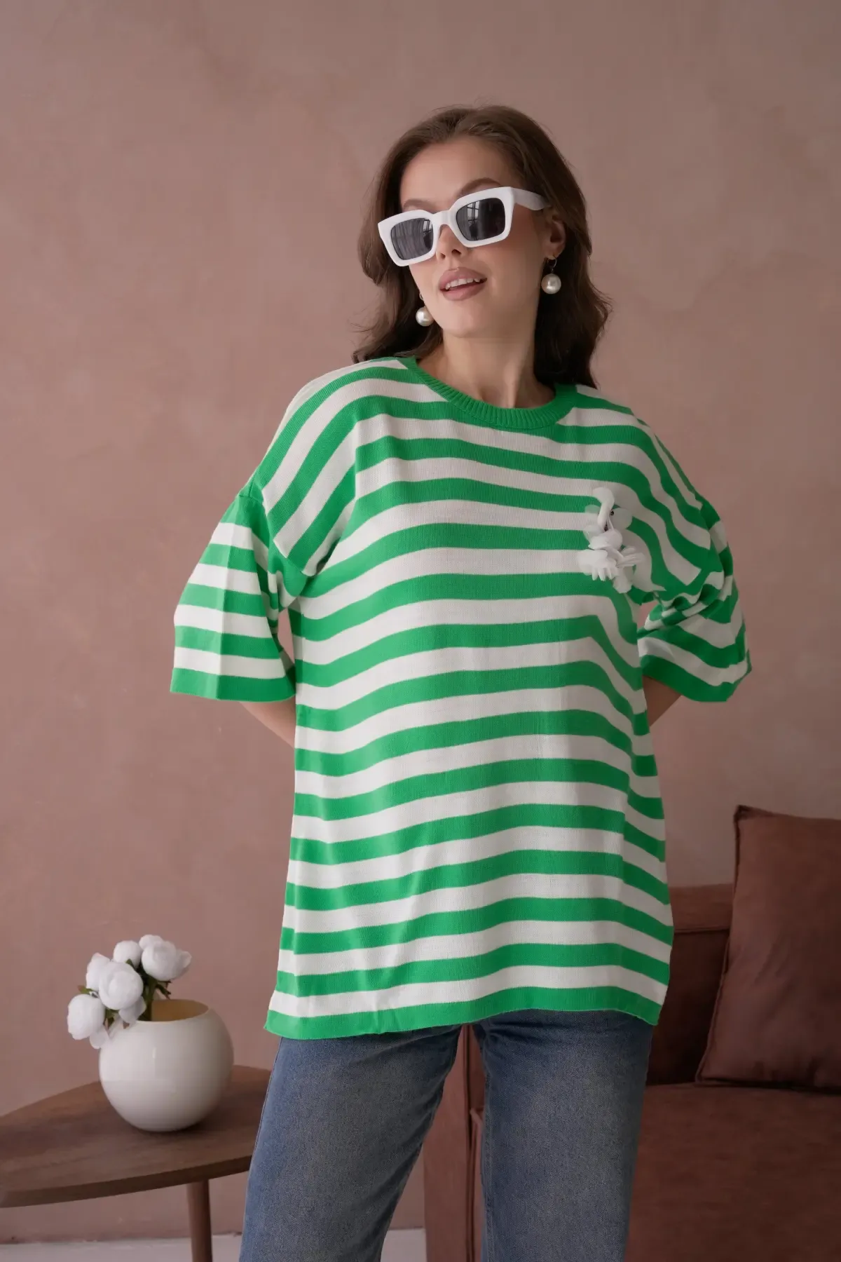 Kadın Bisiklet Yaka Çizgili Oversize Uzun Triko Kazak 10075