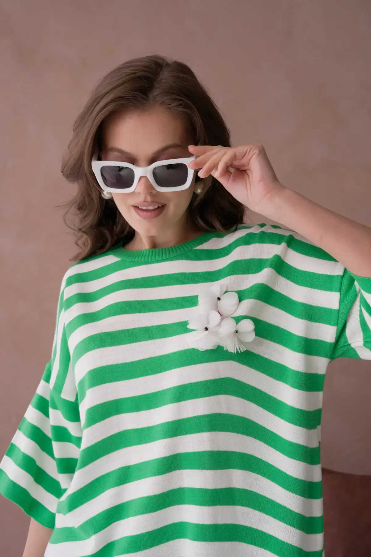 Kadın Bisiklet Yaka Çizgili Oversize Uzun Triko Kazak 10075