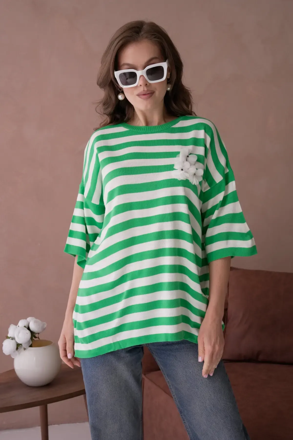 Kadın Bisiklet Yaka Çizgili Oversize Uzun Triko Kazak 10075