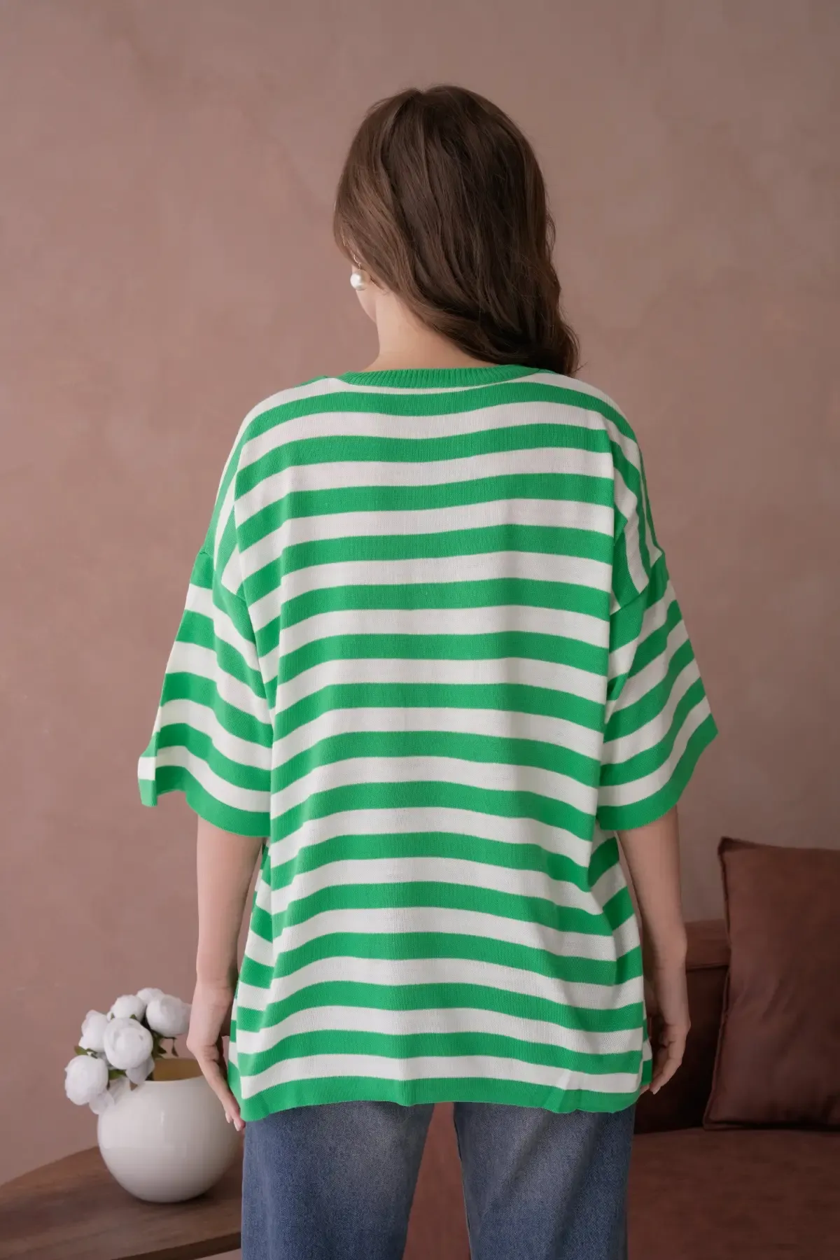 Kadın Bisiklet Yaka Çizgili Oversize Uzun Triko Kazak 10075