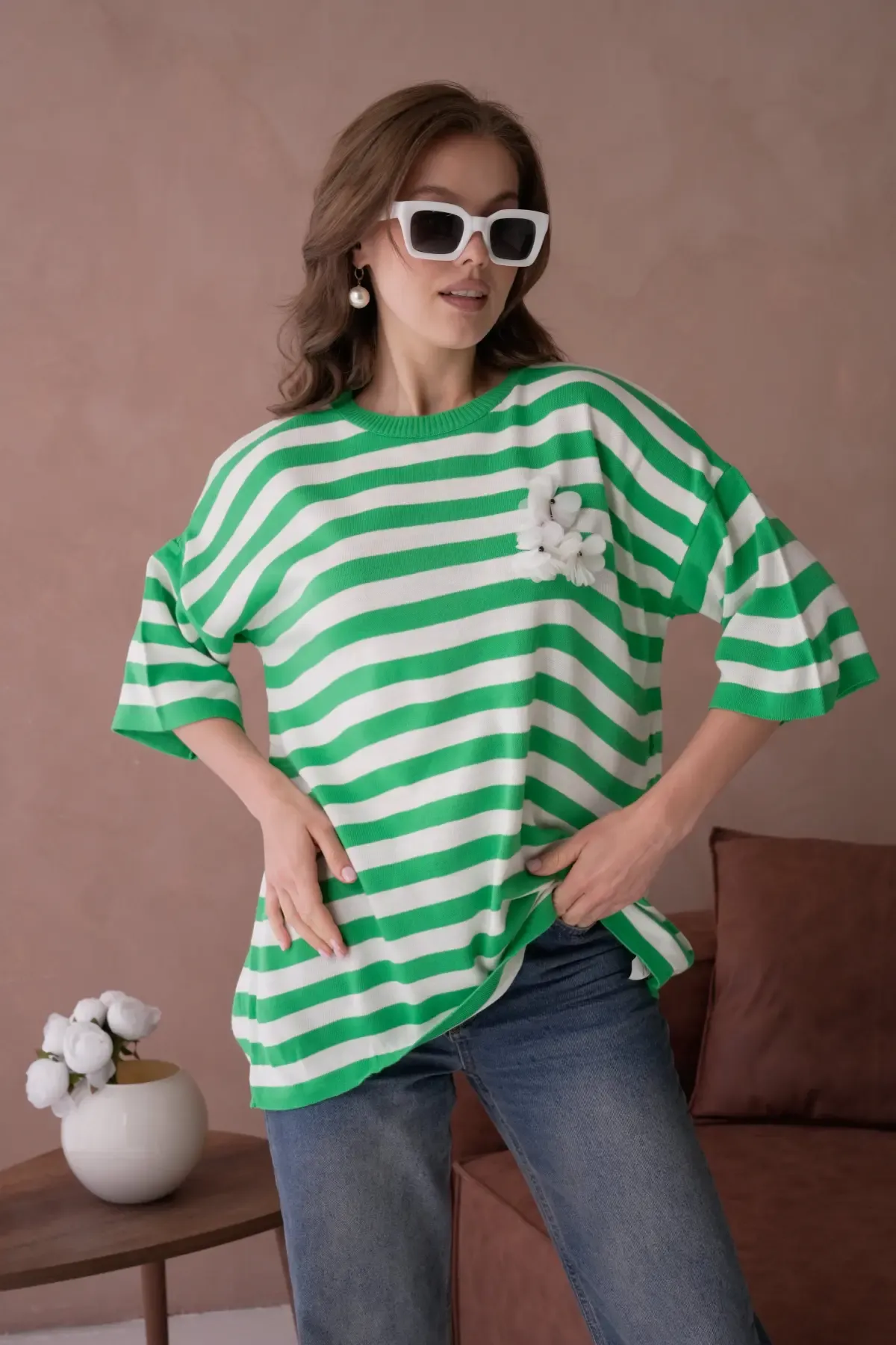 Kadın Bisiklet Yaka Çizgili Oversize Uzun Triko Kazak 10075