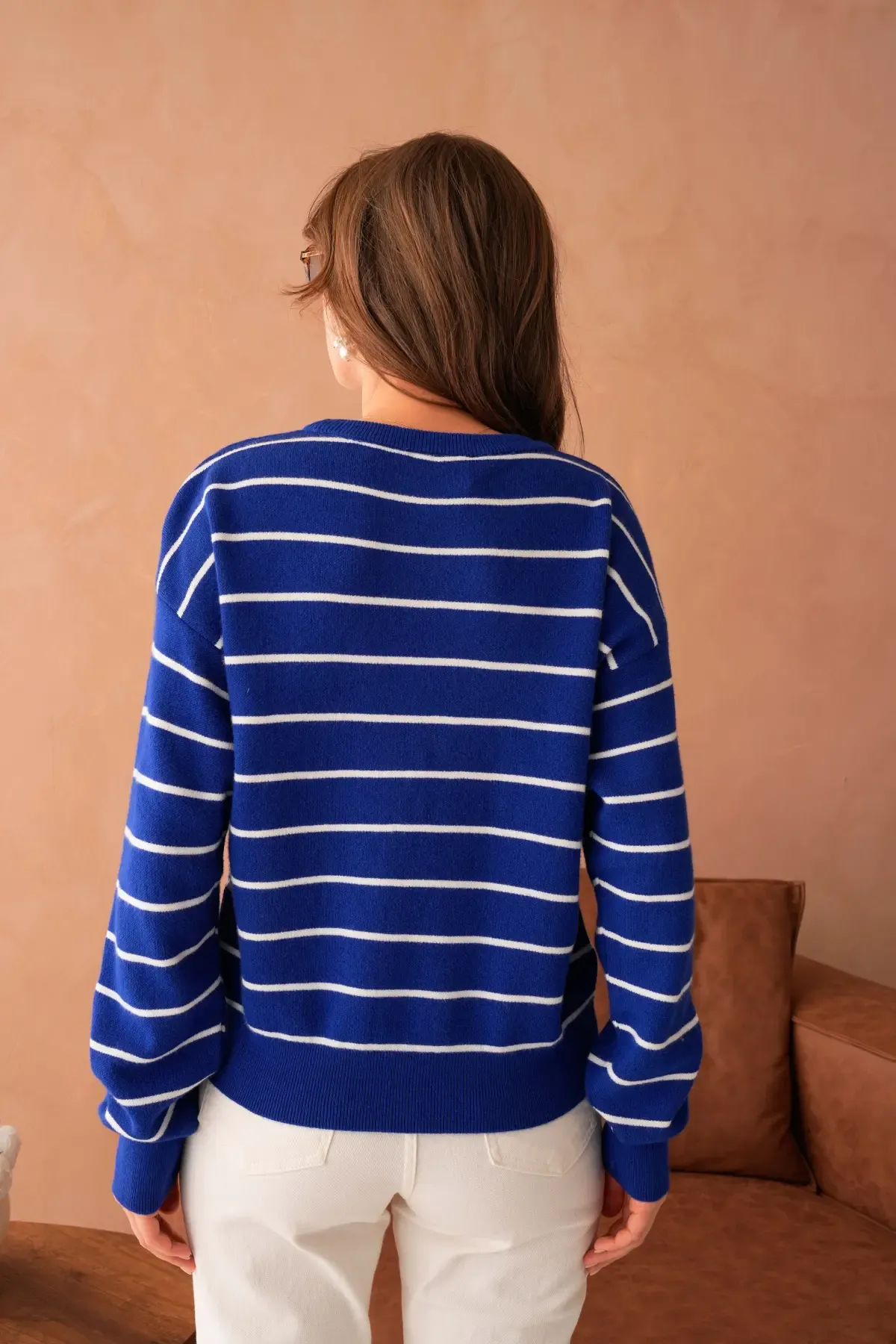 Kadın Bisiklet Yaka Çizgili Premium İplik Triko Kazak 10268.Crs