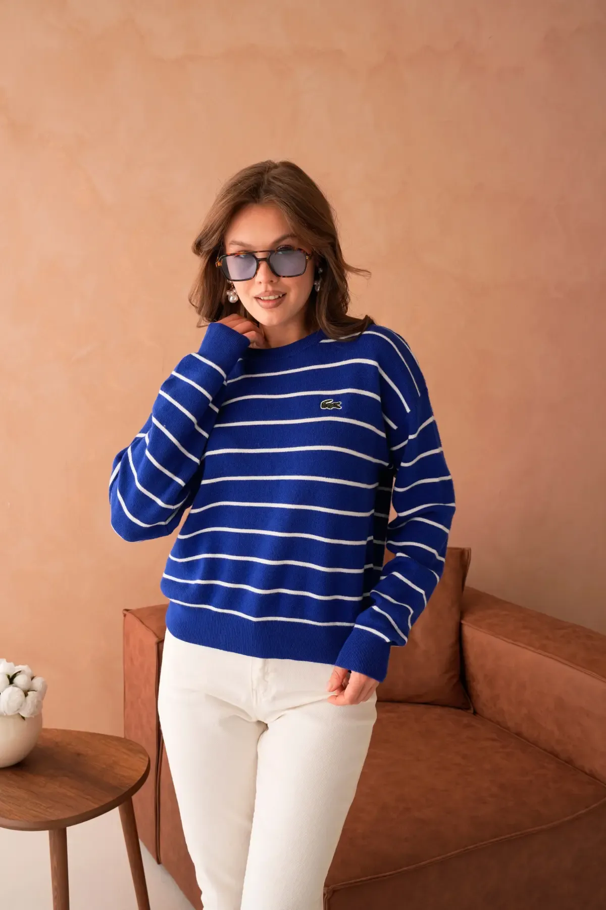 Kadın Bisiklet Yaka Çizgili Premium İplik Triko Kazak 10268.Crs