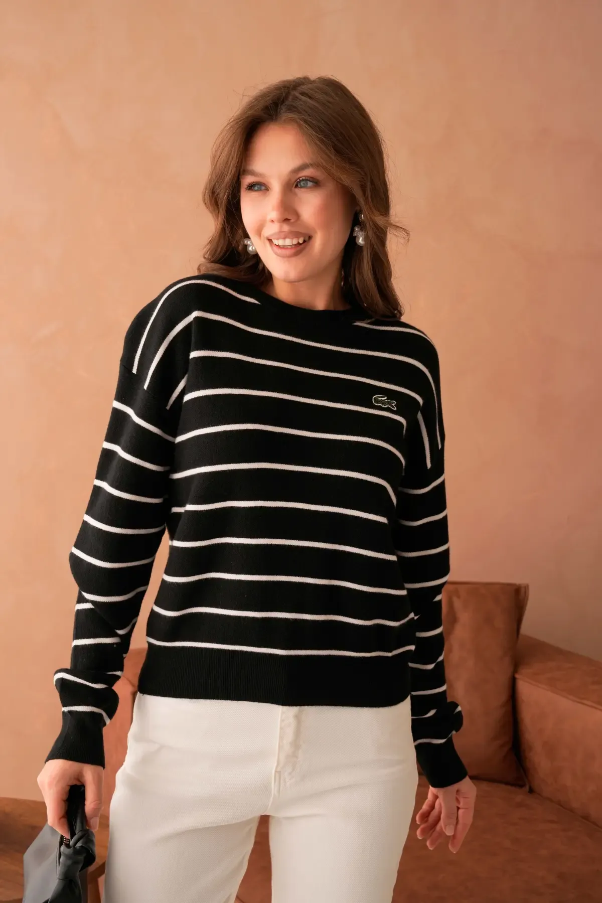 Kadın Bisiklet Yaka Çizgili Premium İplik Triko Kazak 10268.Crs