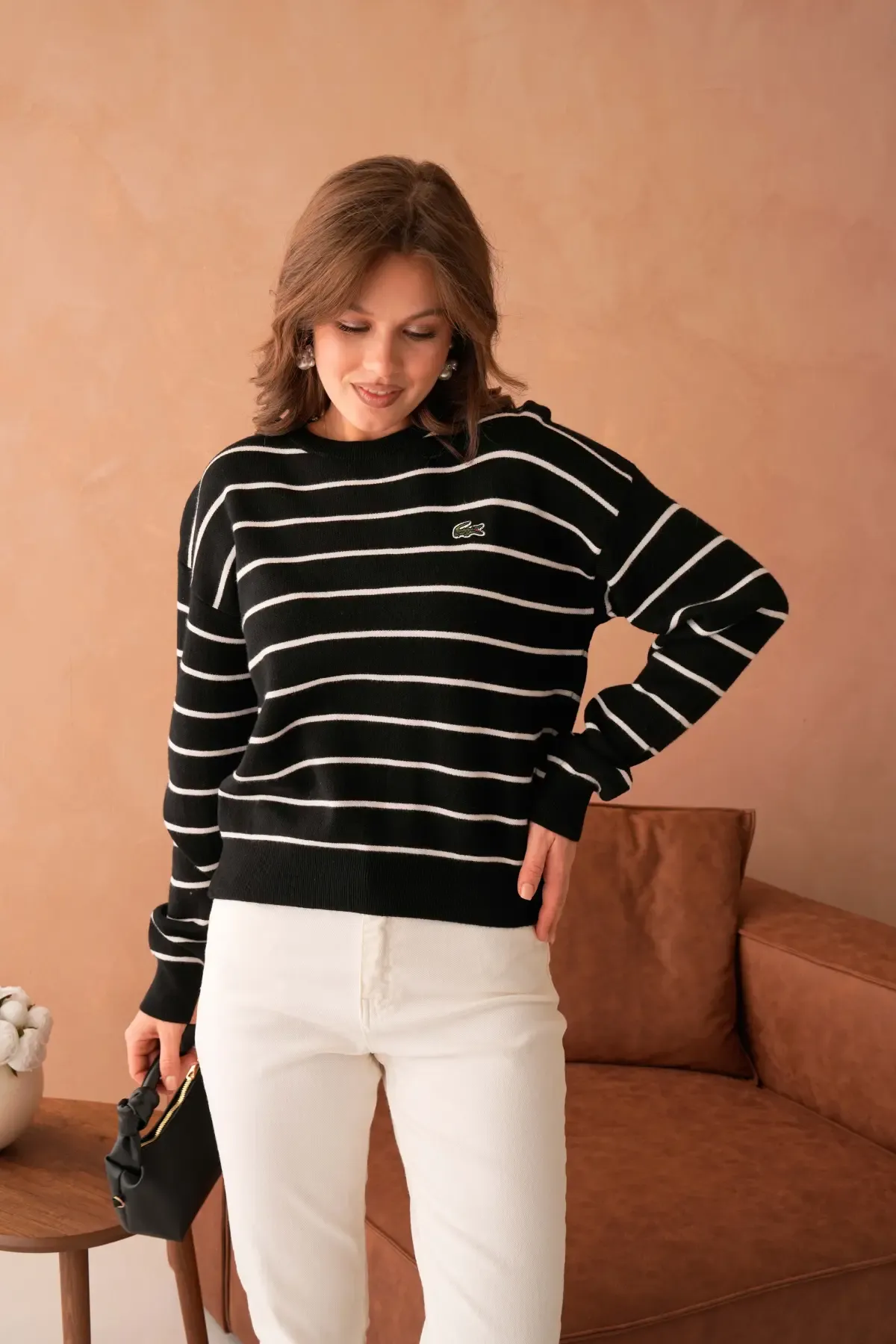 Kadın Bisiklet Yaka Çizgili Premium İplik Triko Kazak 10268.Crs