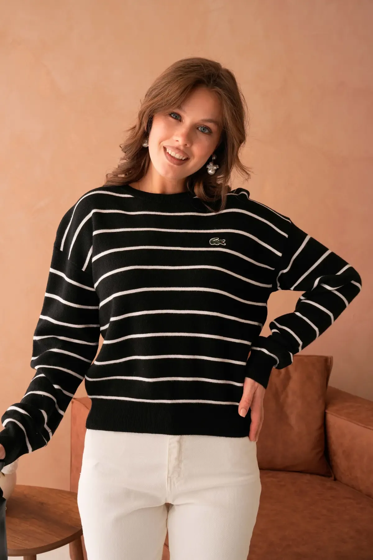 Kadın Bisiklet Yaka Çizgili Premium İplik Triko Kazak 10268.Crs