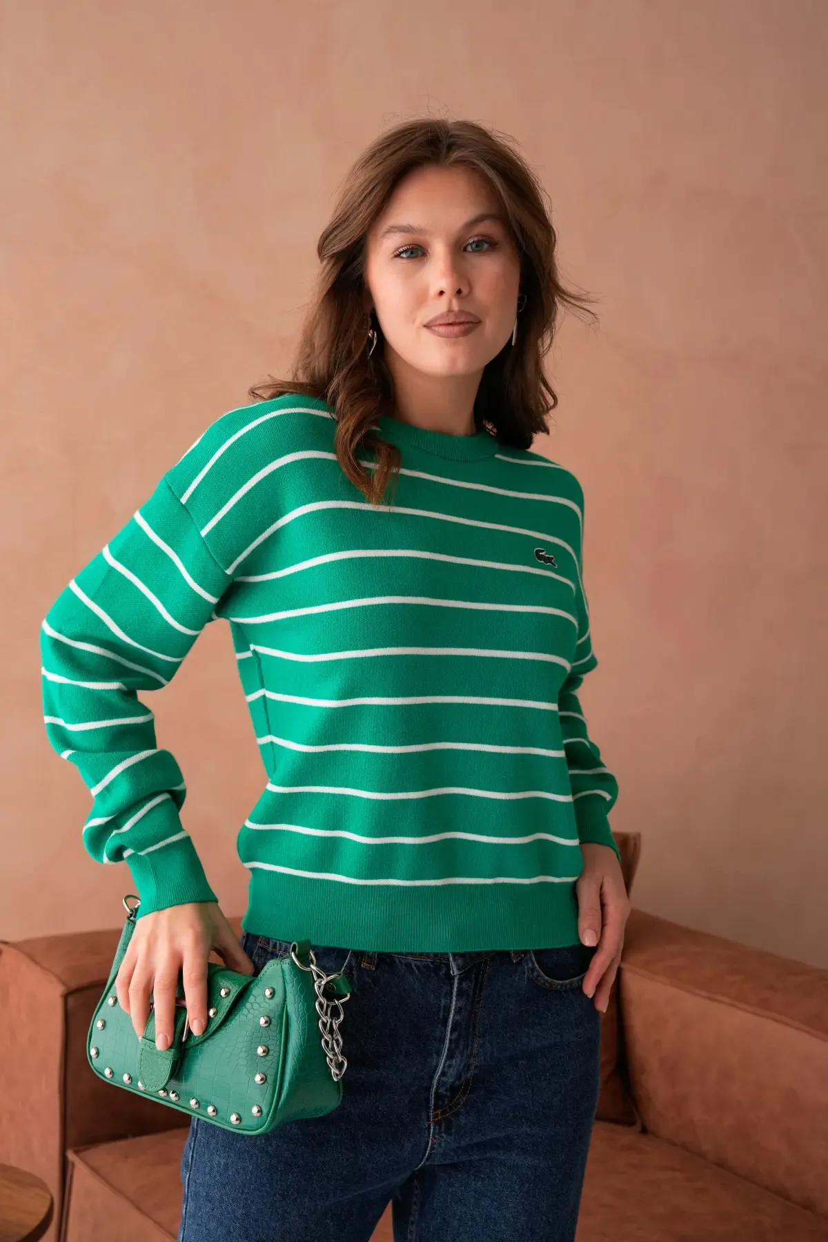 Kadın Bisiklet Yaka Çizgili Premium İplik Triko Kazak 10268.Crs