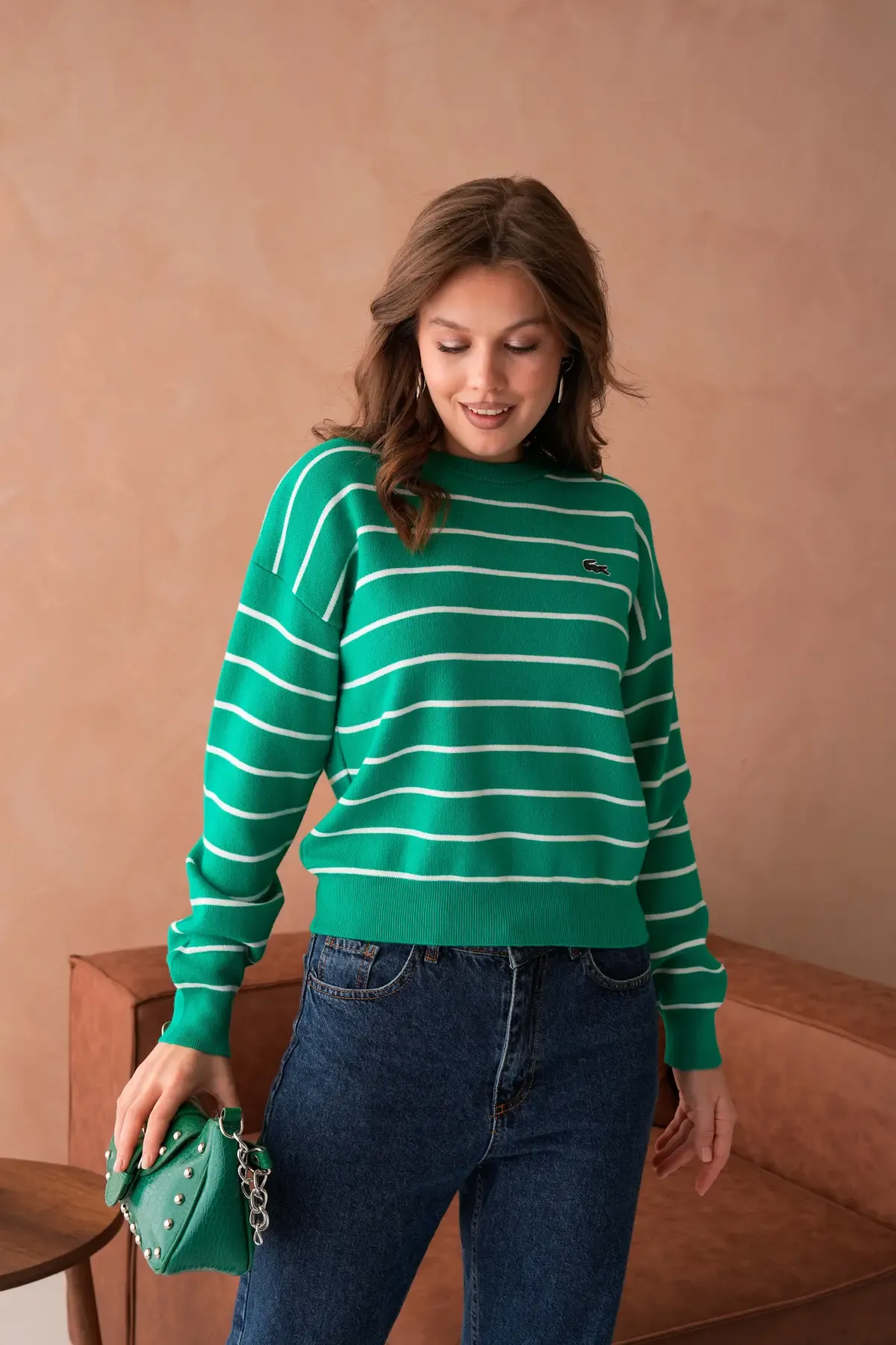 Kadın Bisiklet Yaka Çizgili Premium İplik Triko Kazak 10268.Crs