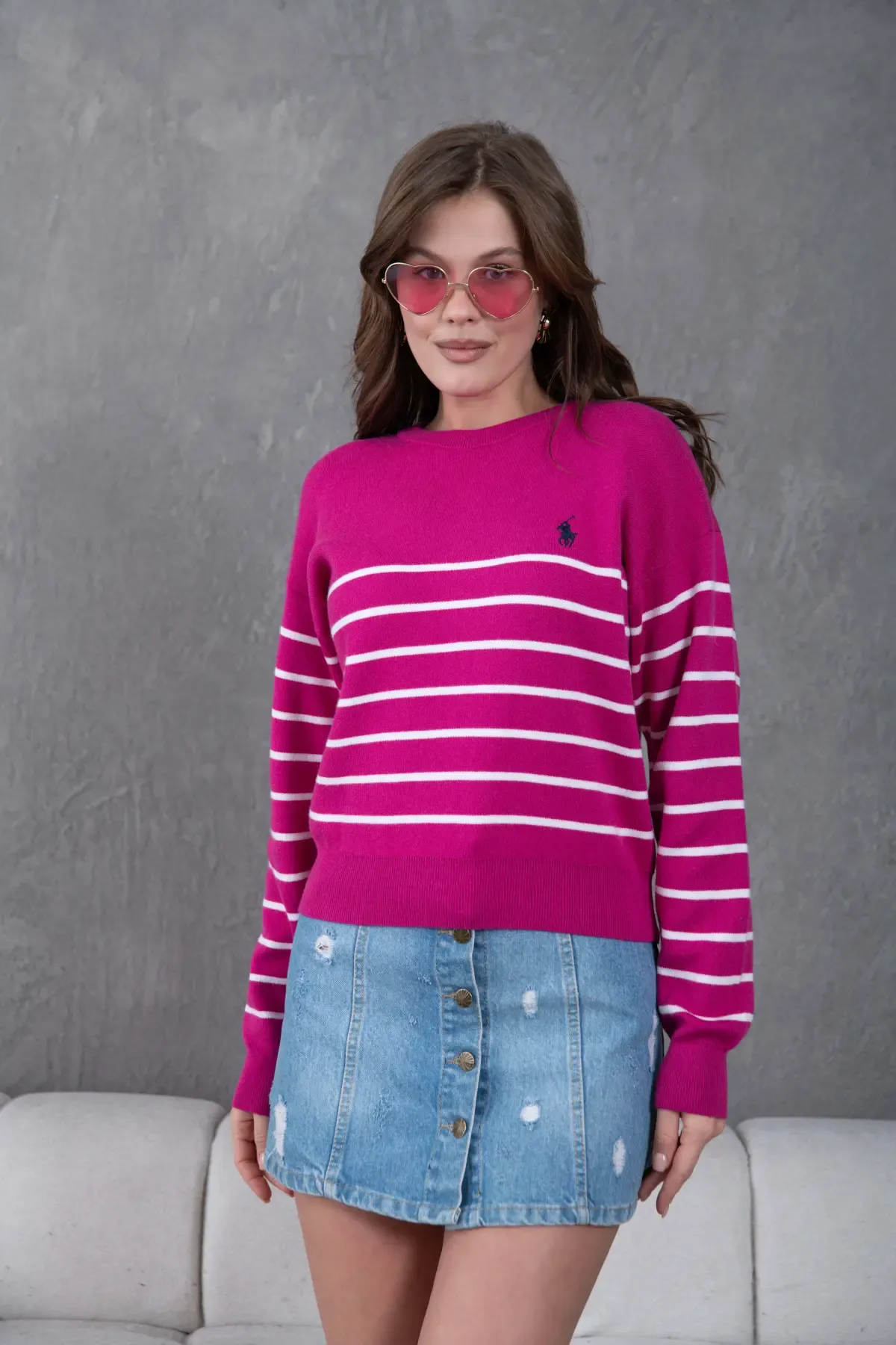 Kadın Bisiklet Yaka Çizgili Premium İplik Triko Kazak 10274.Crs