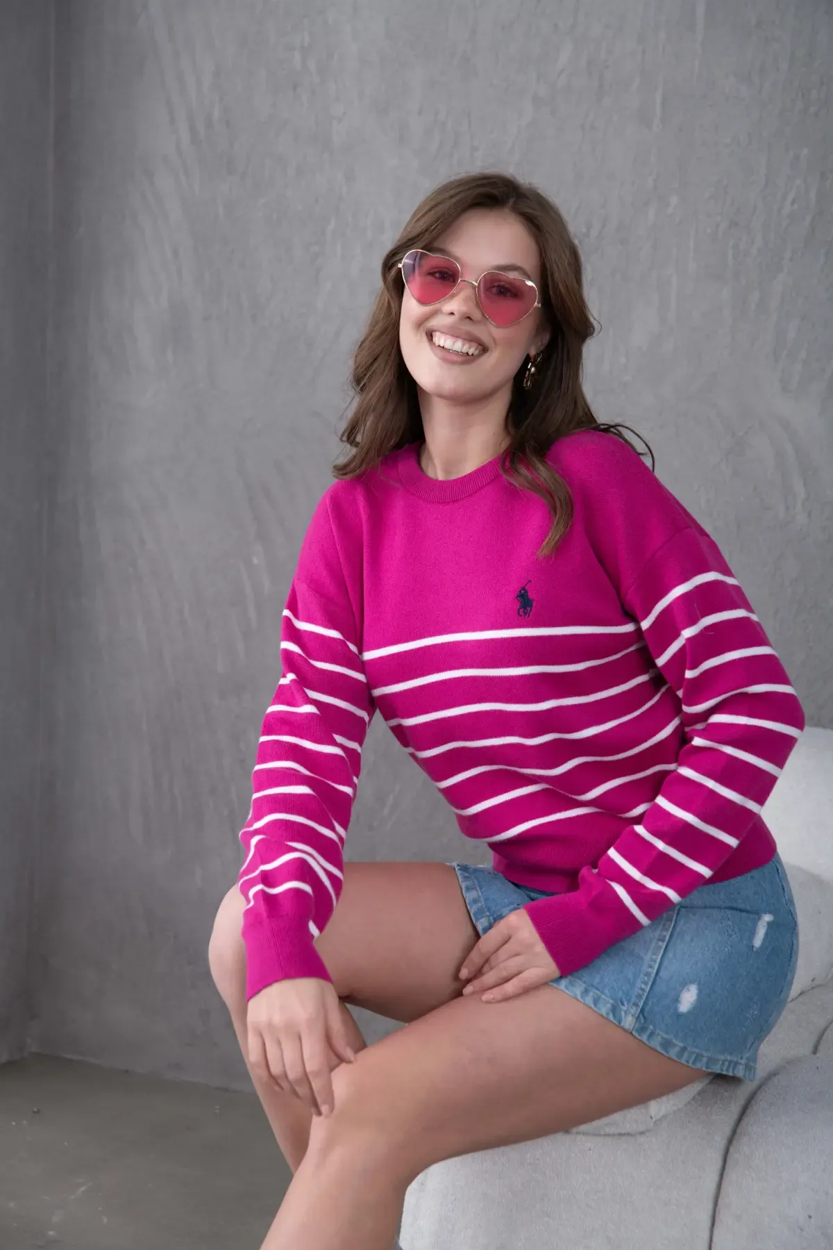 Kadın Bisiklet Yaka Çizgili Premium İplik Triko Kazak 10274.Crs