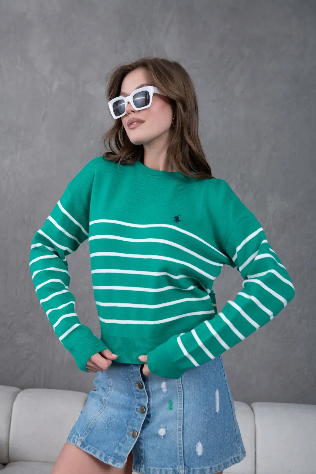 Kadın Bisiklet Yaka Çizgili Premium İplik Triko Kazak 10274.Crs