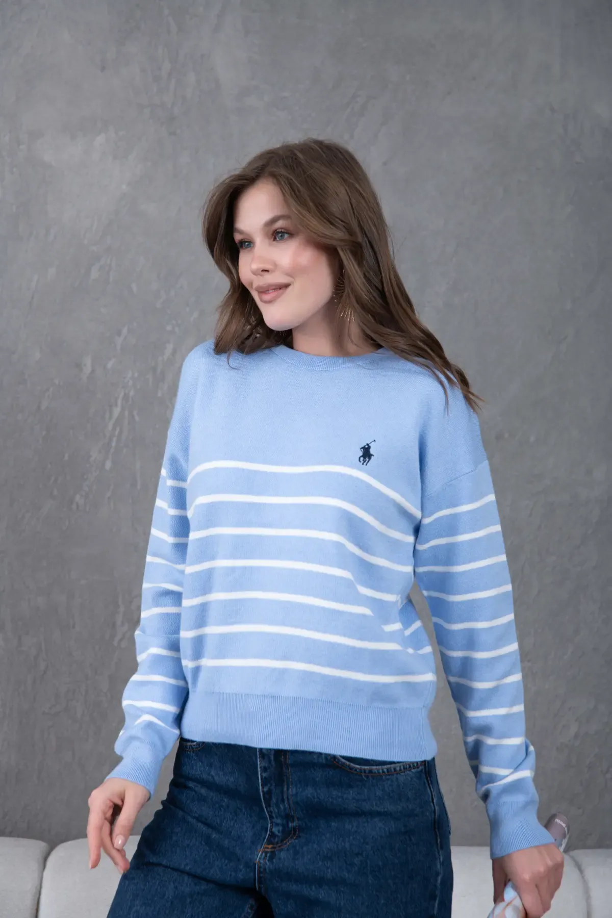 Kadın Bisiklet Yaka Çizgili Premium İplik Triko Kazak 10274.Crs