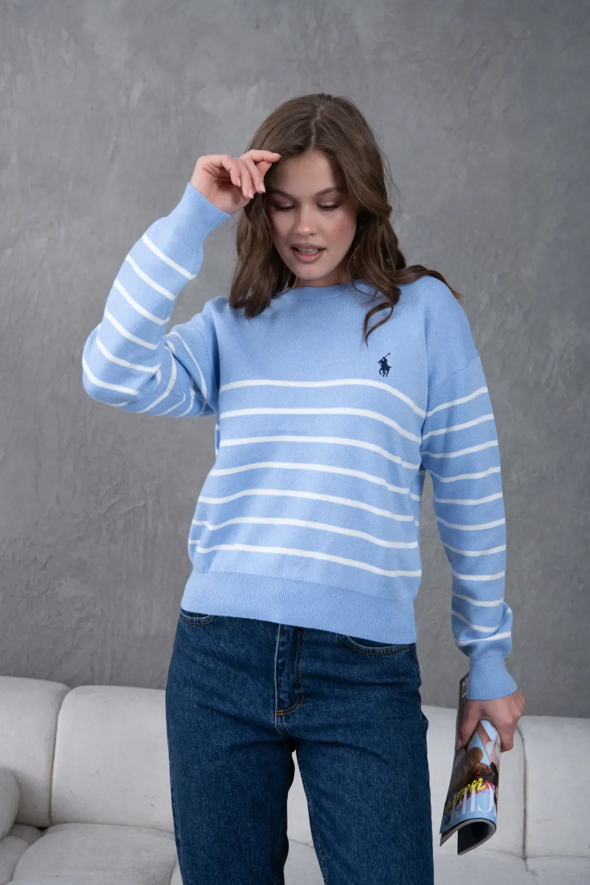 Kadın Bisiklet Yaka Çizgili Premium İplik Triko Kazak 10274.Crs