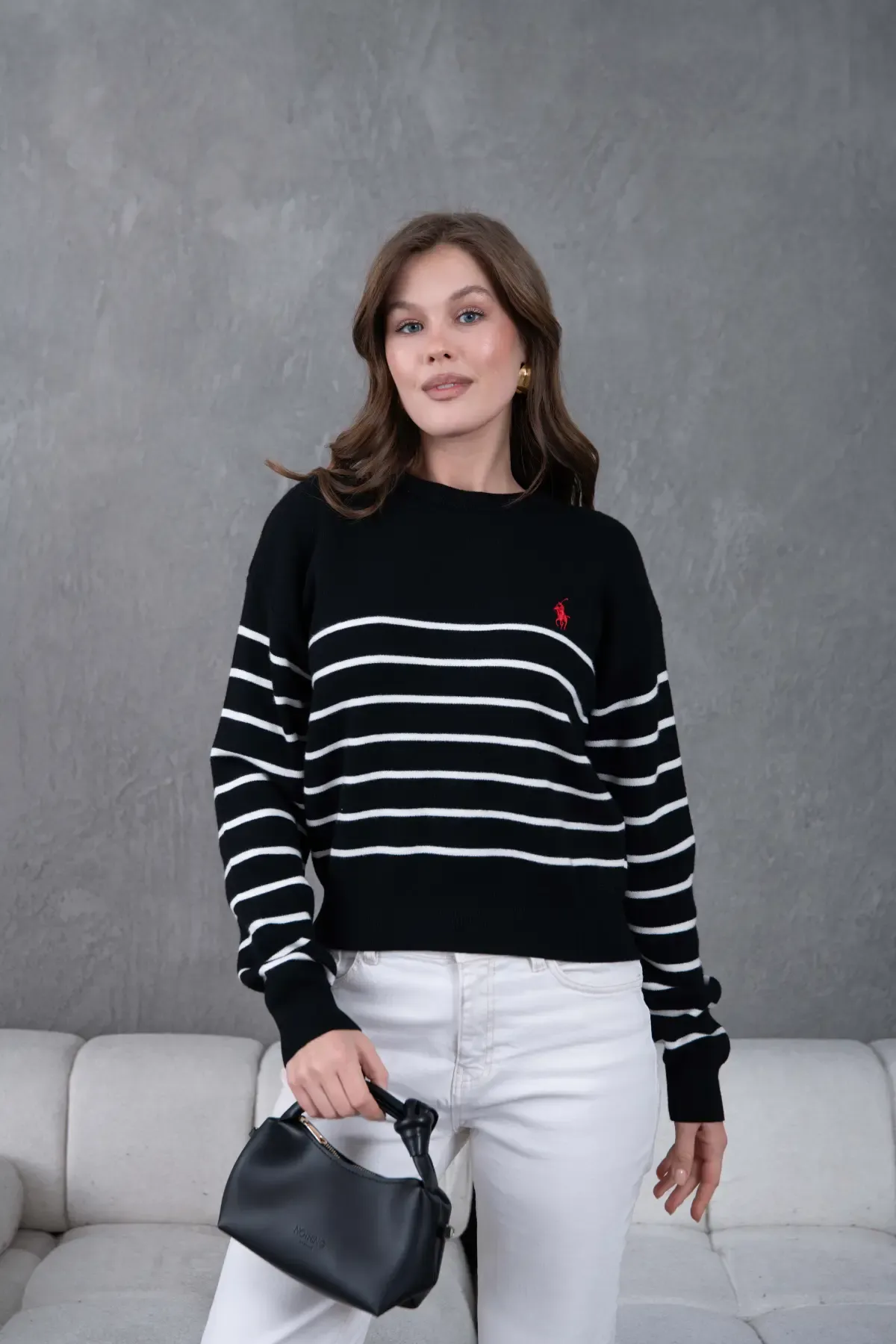 Kadın Bisiklet Yaka Çizgili Premium İplik Triko Kazak 10274.Crs