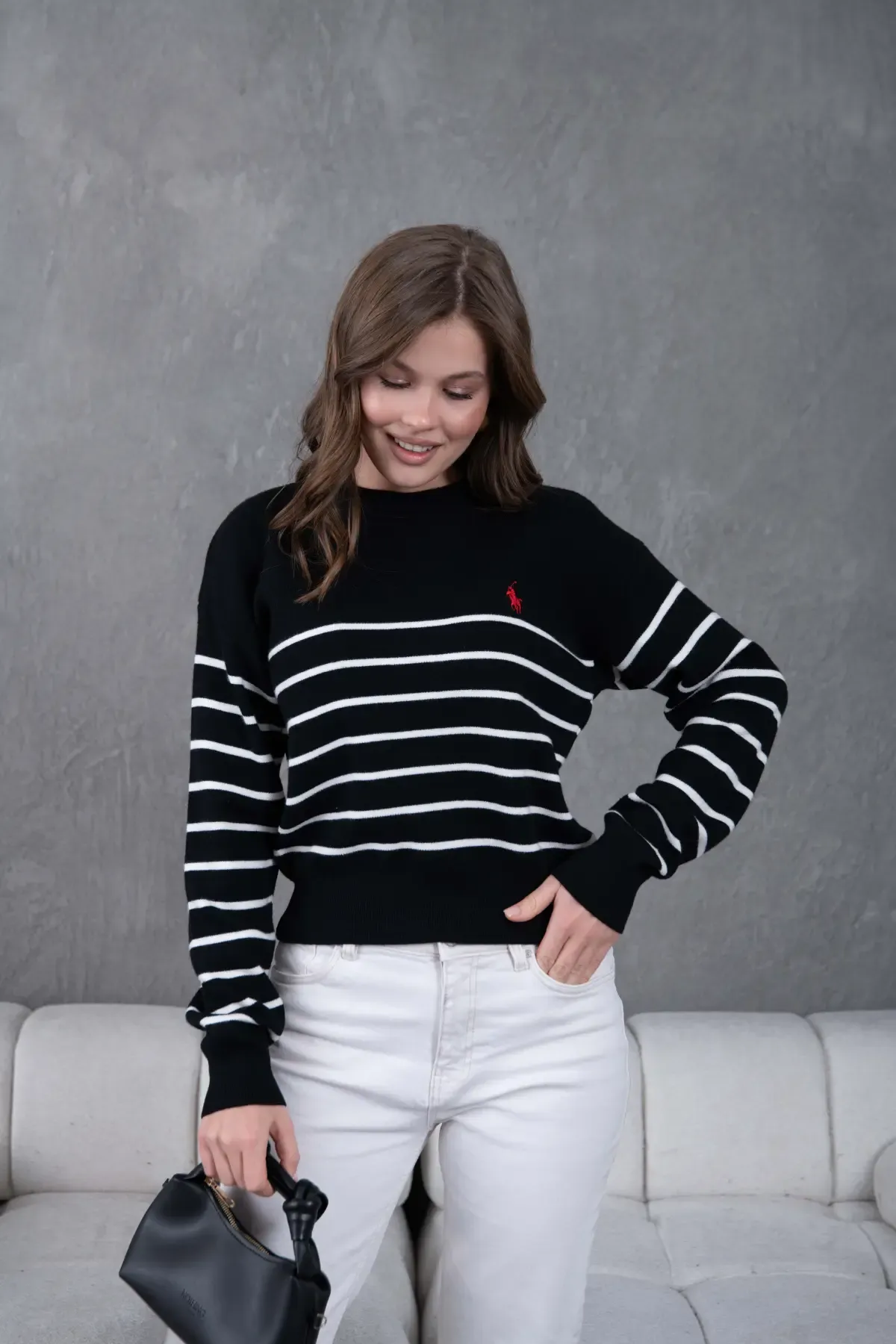 Kadın Bisiklet Yaka Çizgili Premium İplik Triko Kazak 10274.Crs