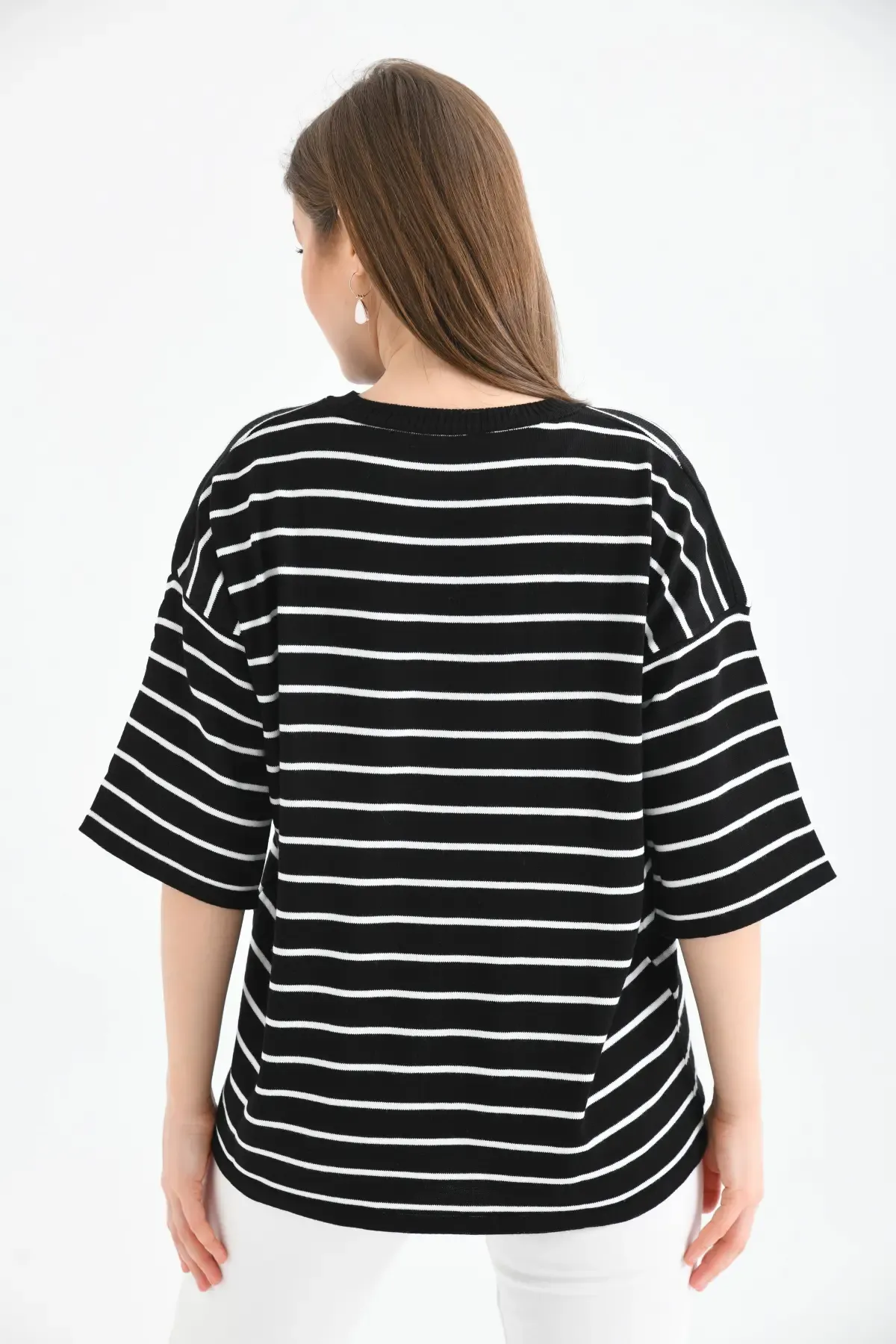 Kadın Bisiklet Yaka Çİzgili Salaş Triko Kazak 10133