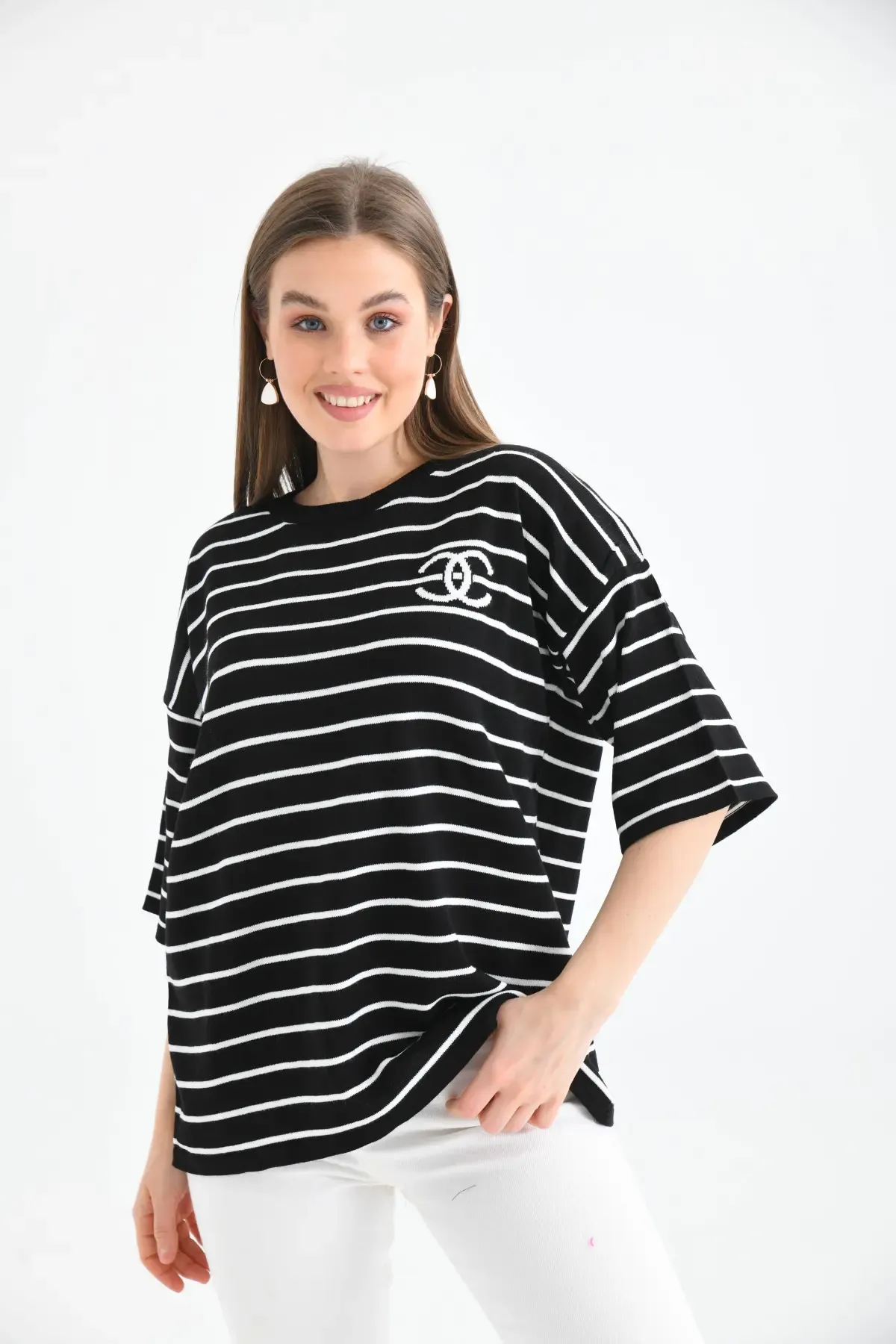 Kadın Bisiklet Yaka Çİzgili Salaş Triko Kazak 10133