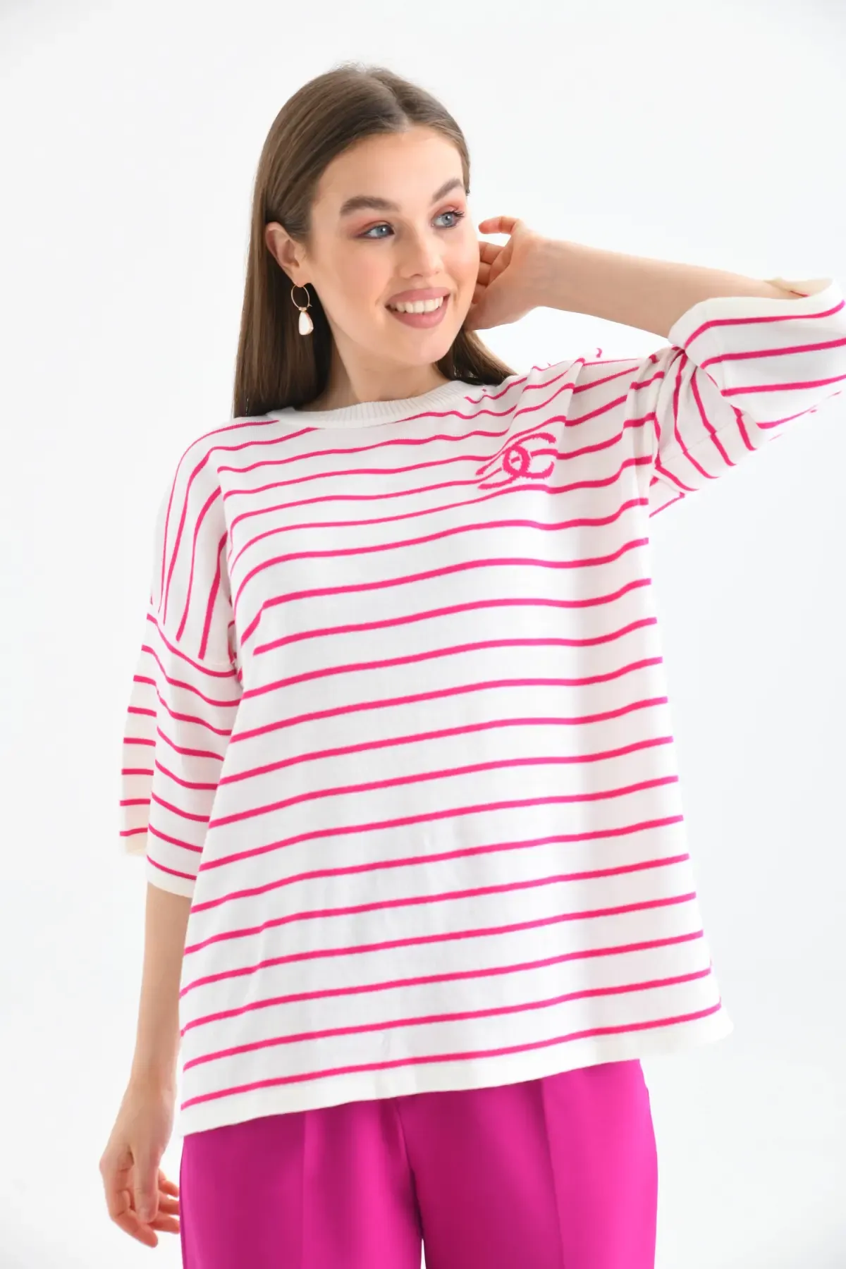 Kadın Bisiklet Yaka Çİzgili Salaş Triko Kazak 10133