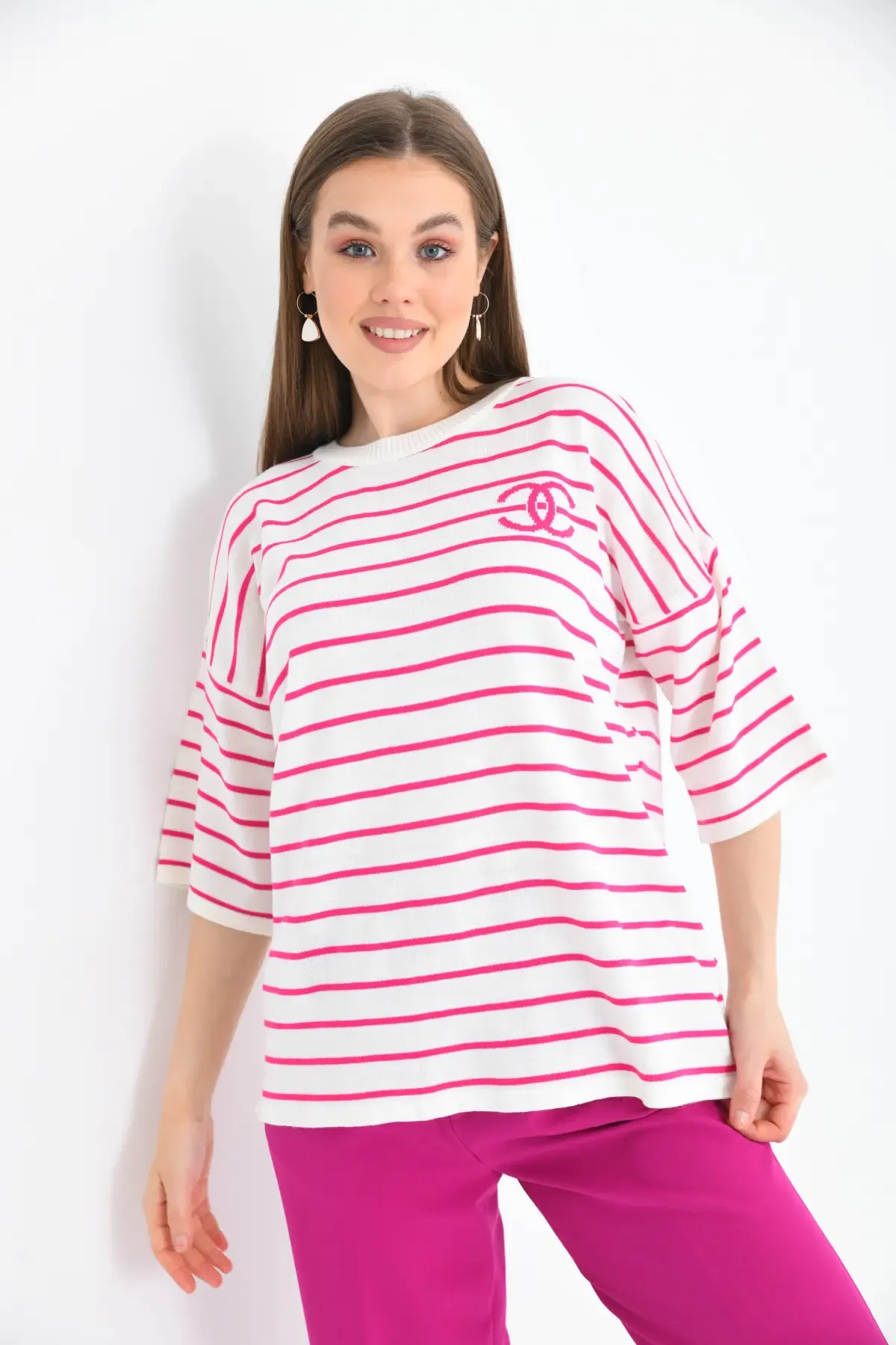 Kadın Bisiklet Yaka Çİzgili Salaş Triko Kazak 10133