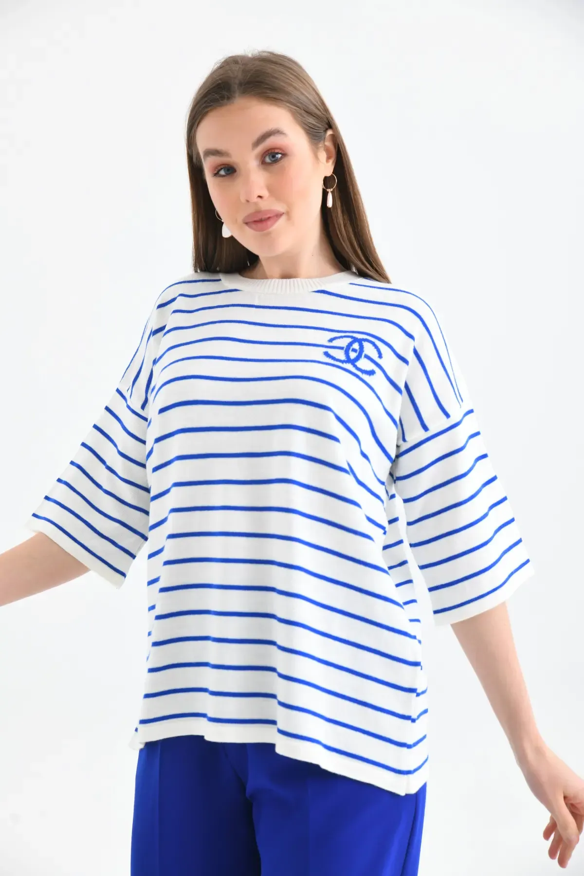 Kadın Bisiklet Yaka Çİzgili Salaş Triko Kazak 10133