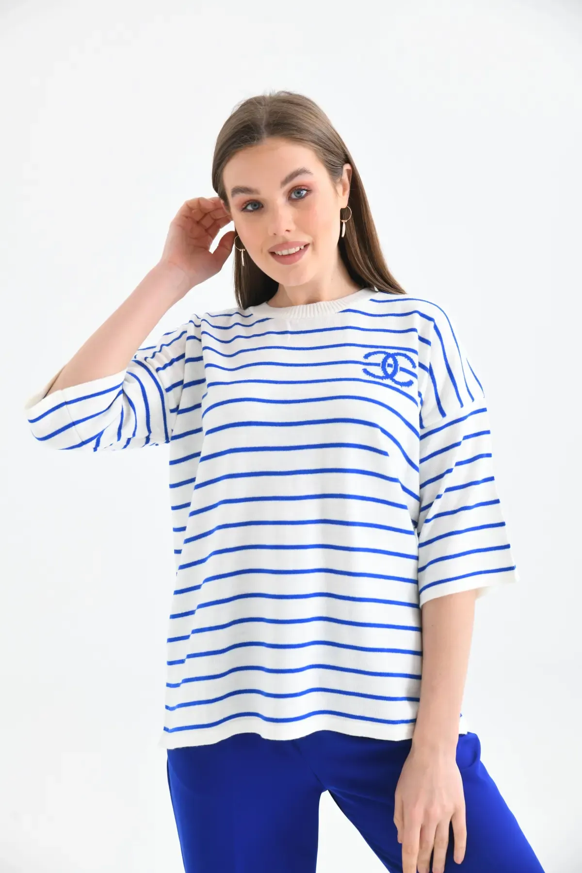 Kadın Bisiklet Yaka Çİzgili Salaş Triko Kazak 10133