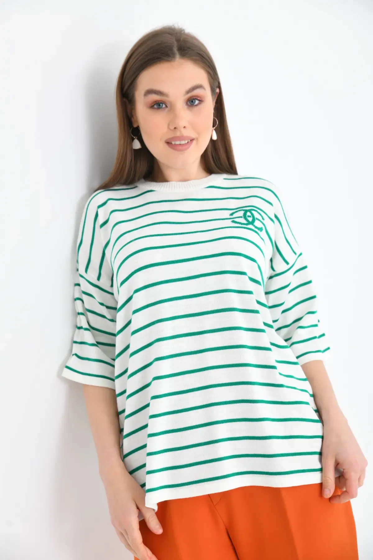 Kadın Bisiklet Yaka Çİzgili Salaş Triko Kazak 10133