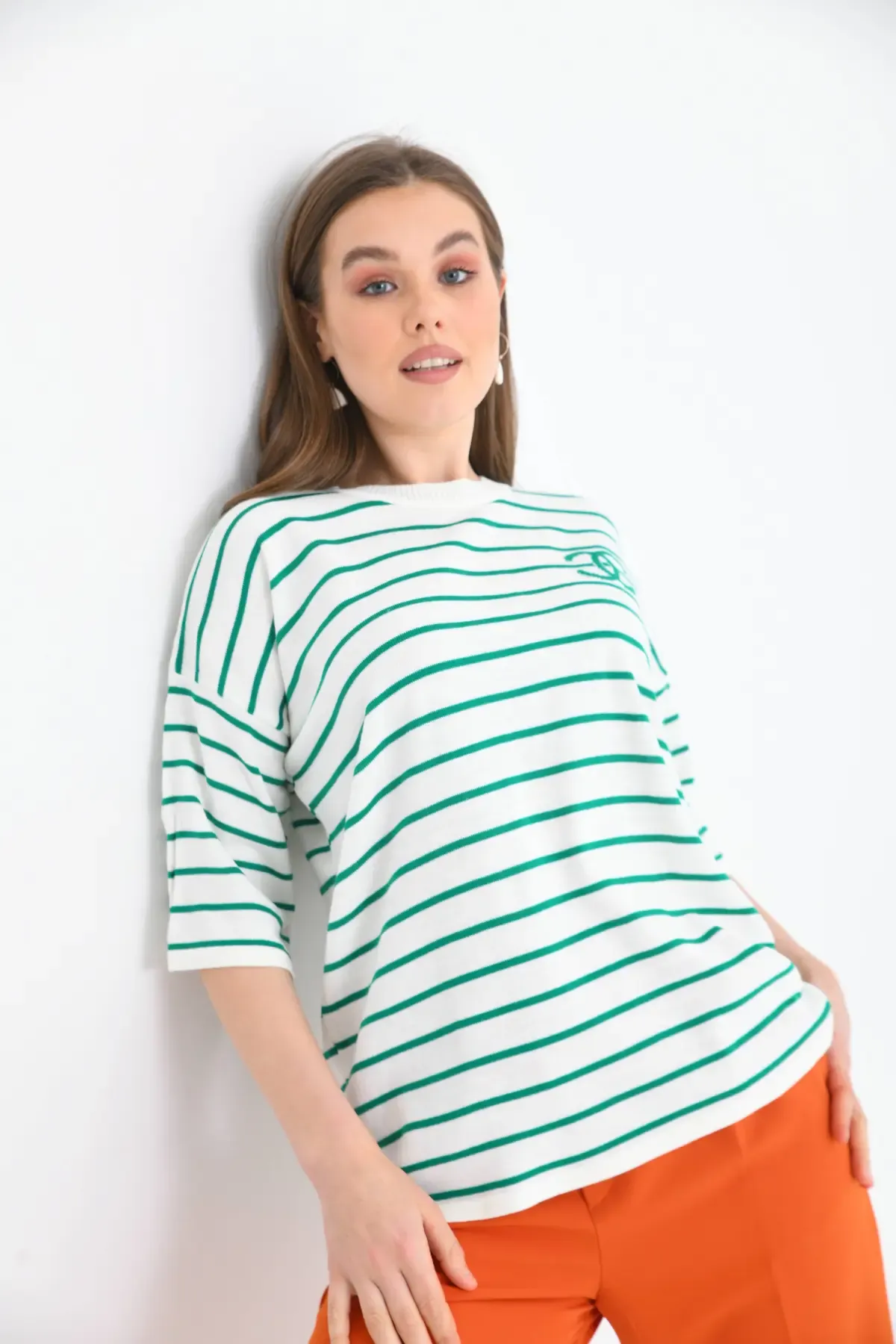 Kadın Bisiklet Yaka Çİzgili Salaş Triko Kazak 10133