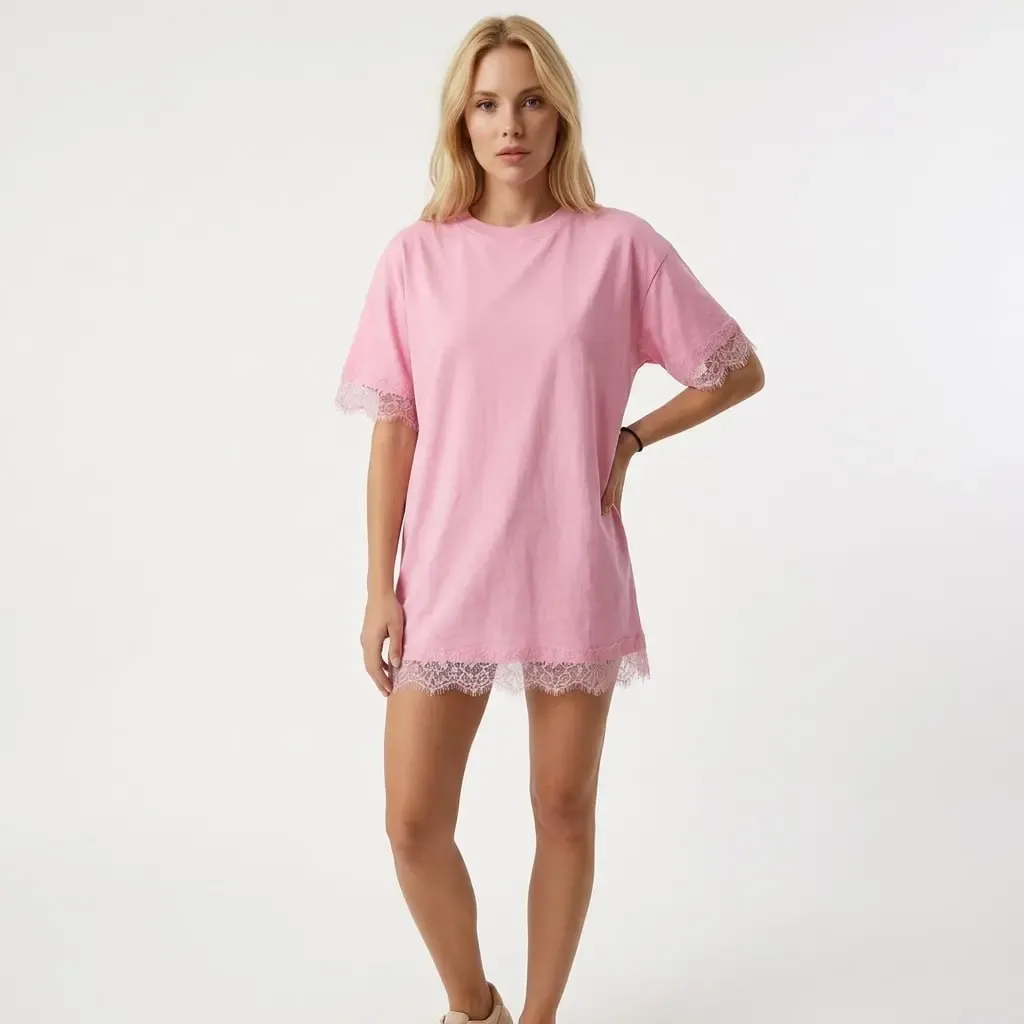 Kadın Bisiklet Yaka Dantel Detay Oversize Penye Bluz 26005