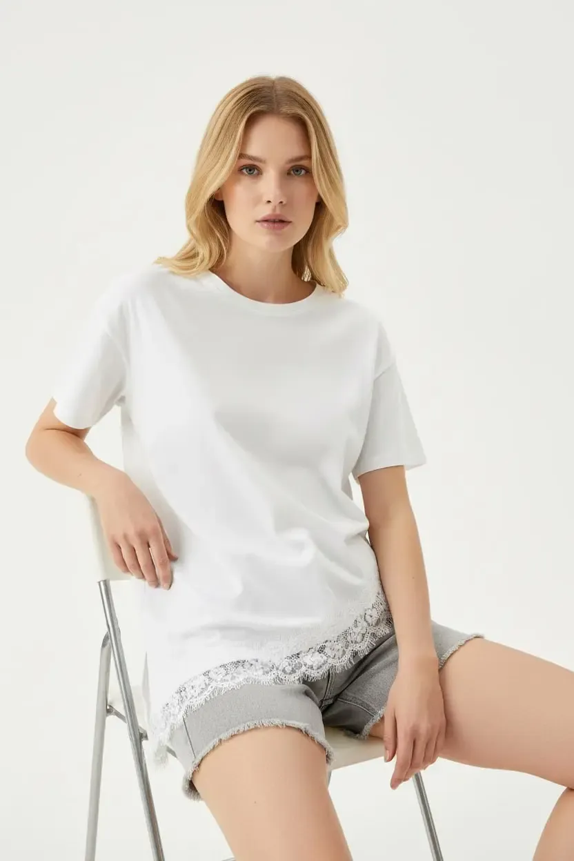 Kadın Bisiklet Yaka Dantel Detay Penye Bluz 26007