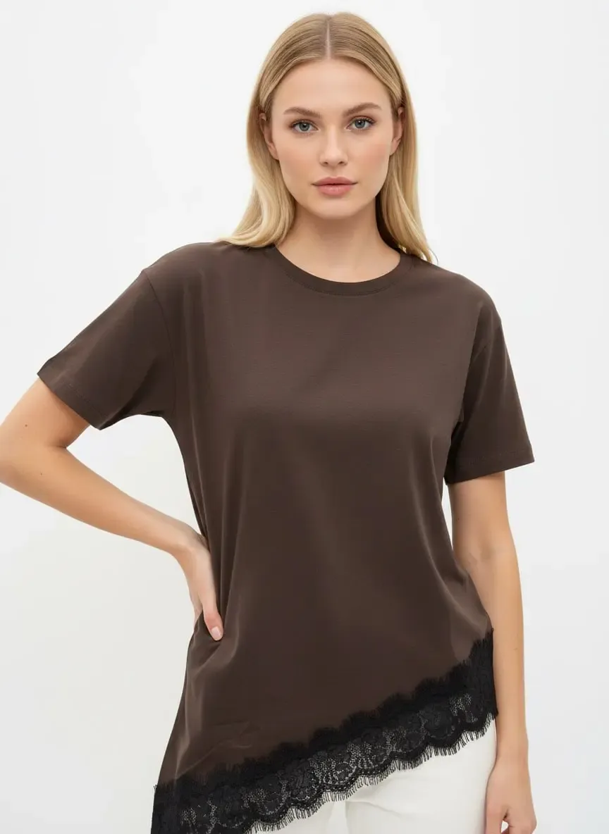 Kadın Bisiklet Yaka Dantel Detay Penye Bluz 26007