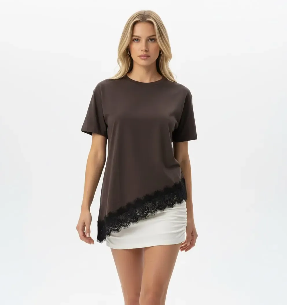 Kadın Bisiklet Yaka Dantel Detay Penye Bluz 26007