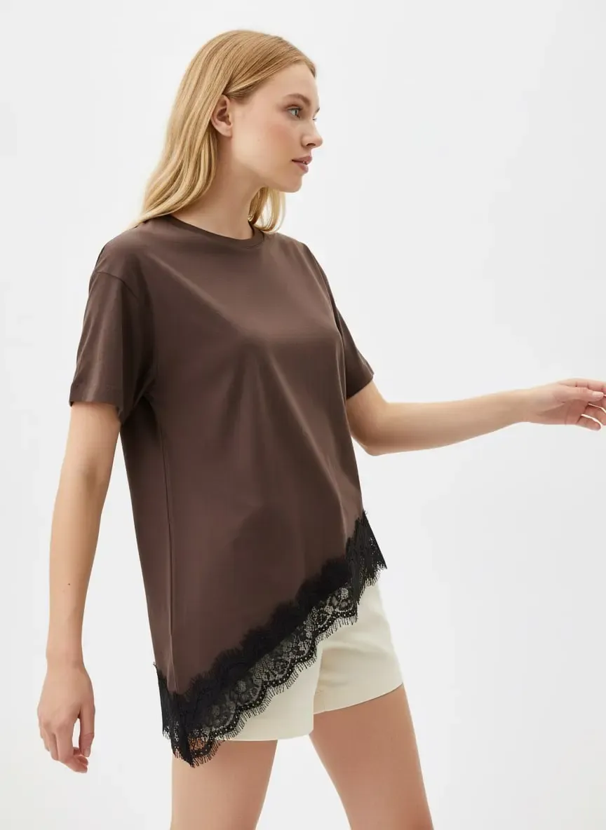 Kadın Bisiklet Yaka Dantel Detay Penye Bluz 26007