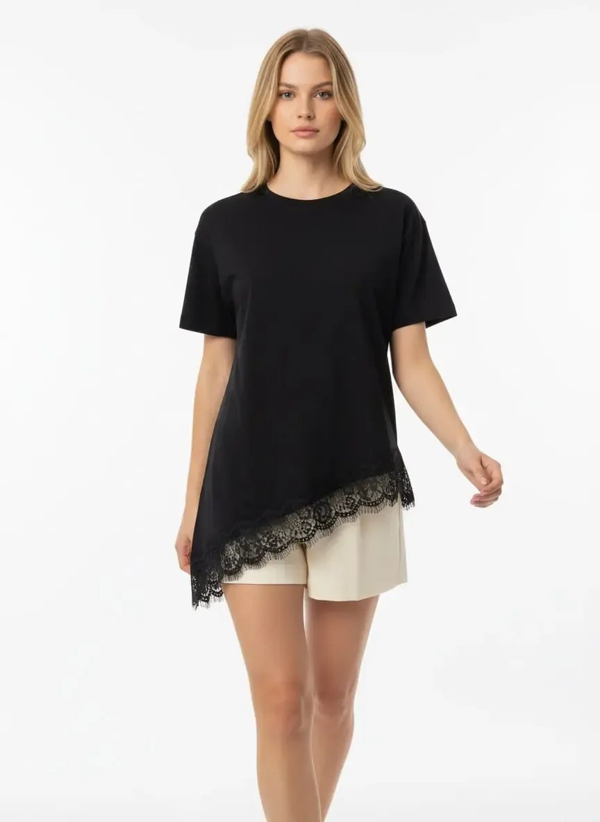 Kadın Bisiklet Yaka Dantel Detay Penye Bluz 26007