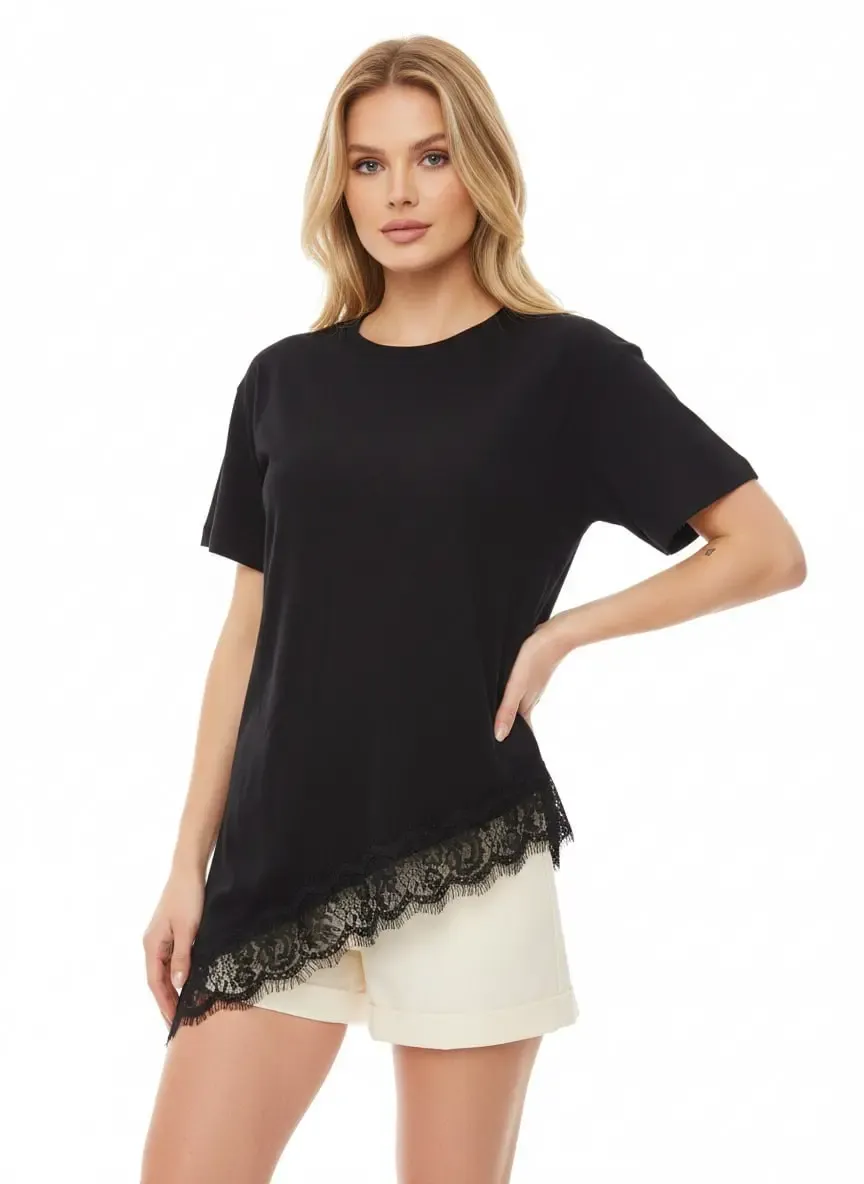 Kadın Bisiklet Yaka Dantel Detay Penye Bluz 26007