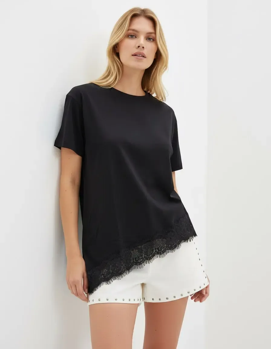 Kadın Bisiklet Yaka Dantel Detay Penye Bluz 26007