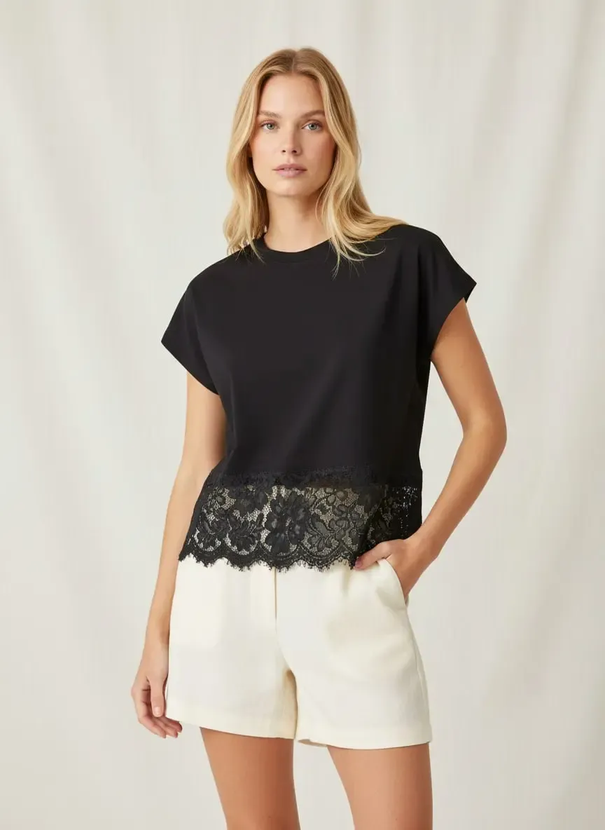 26018 %100 Pamuk Bisiklet Yaka Dantel Detay Penye Bluz 26018