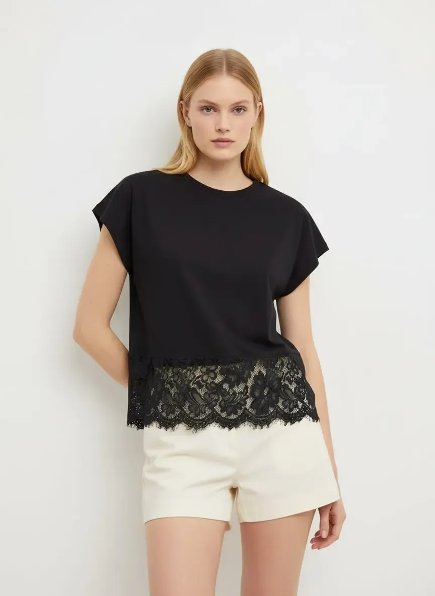 26018 %100 Pamuk Bisiklet Yaka Dantel Detay Penye Bluz 26018