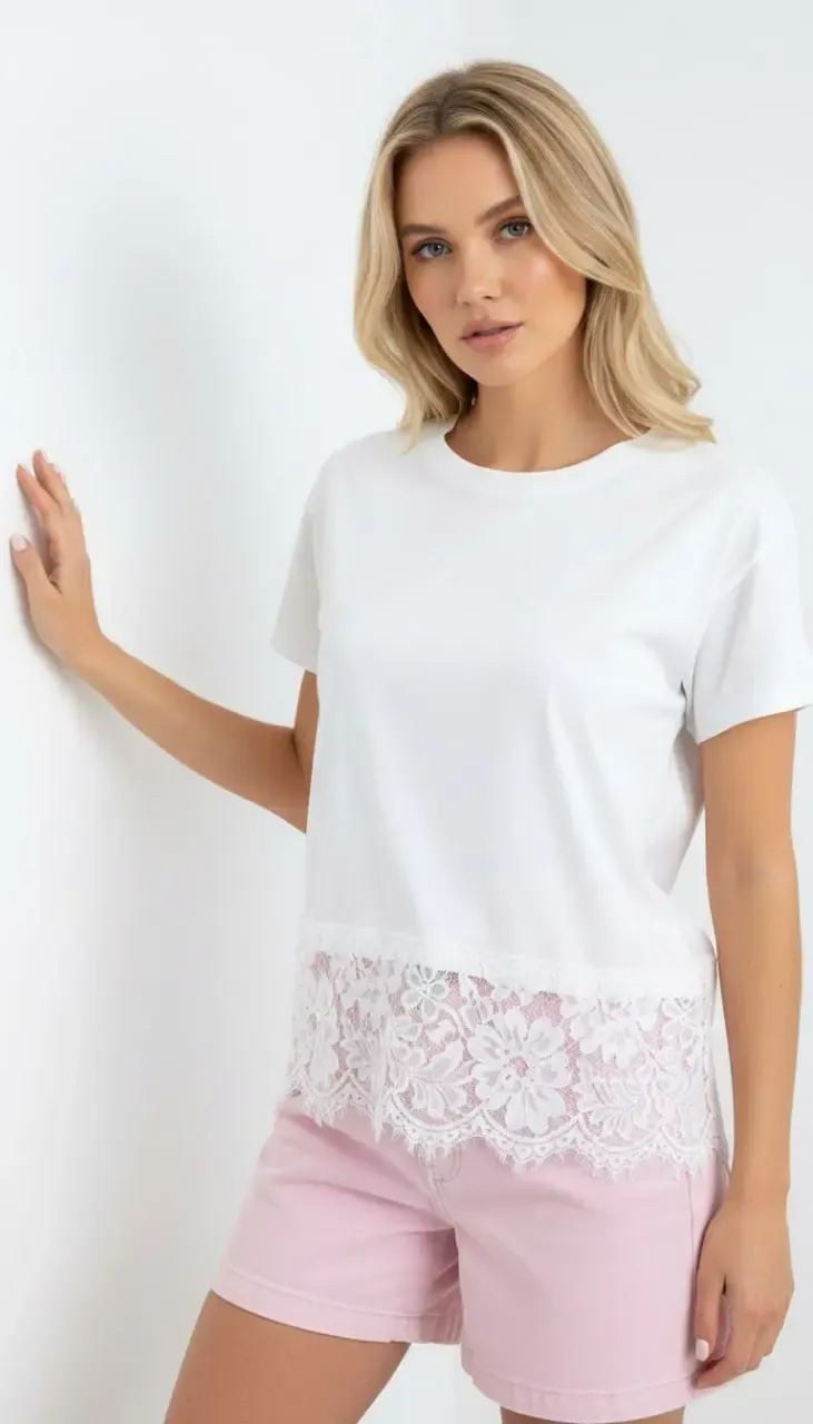 26018 %100 Pamuk Bisiklet Yaka Dantel Detay Penye Bluz 26018