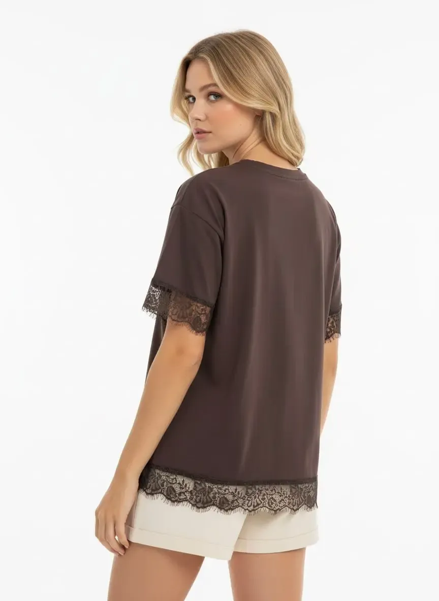 26006 %100 Pamuk Bisiklet Yaka Dantel Detay Salaş Penye Bluz