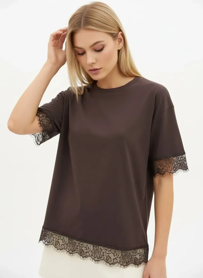 26006 %100 Pamuk Bisiklet Yaka Dantel Detay Salaş Penye Bluz